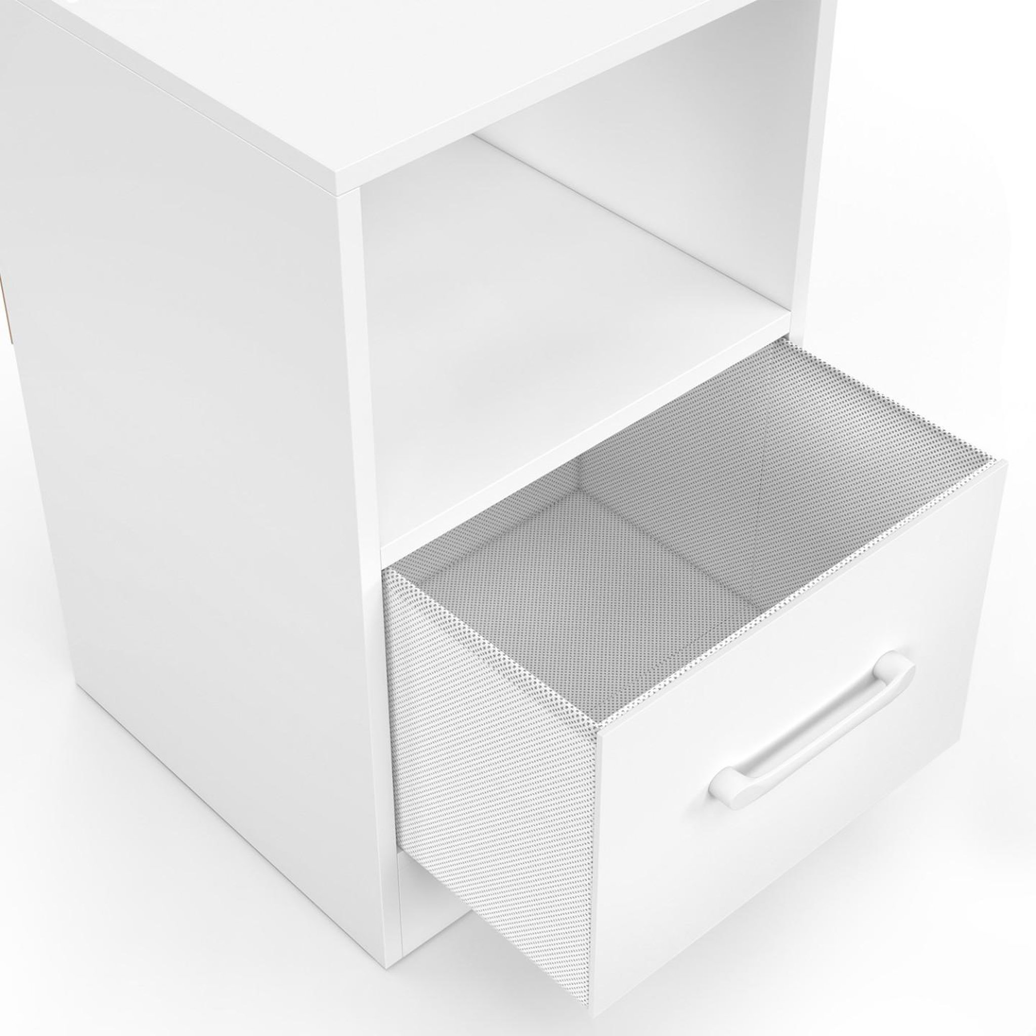 Voir la diapositive 5 : ID MARKET Lot de 2 tables de chevet UPPAH 1 tiroir en tissu avec niche bois blanc
