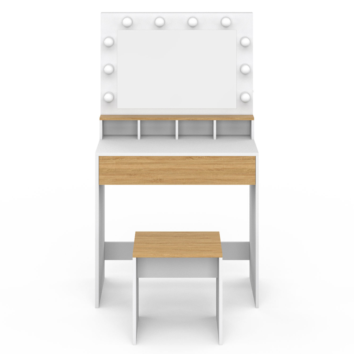 ID MARKET Coiffeuse ZELIA blanc et hêtre miroir LED avec 4 niches, 1 tiroir et tabouret