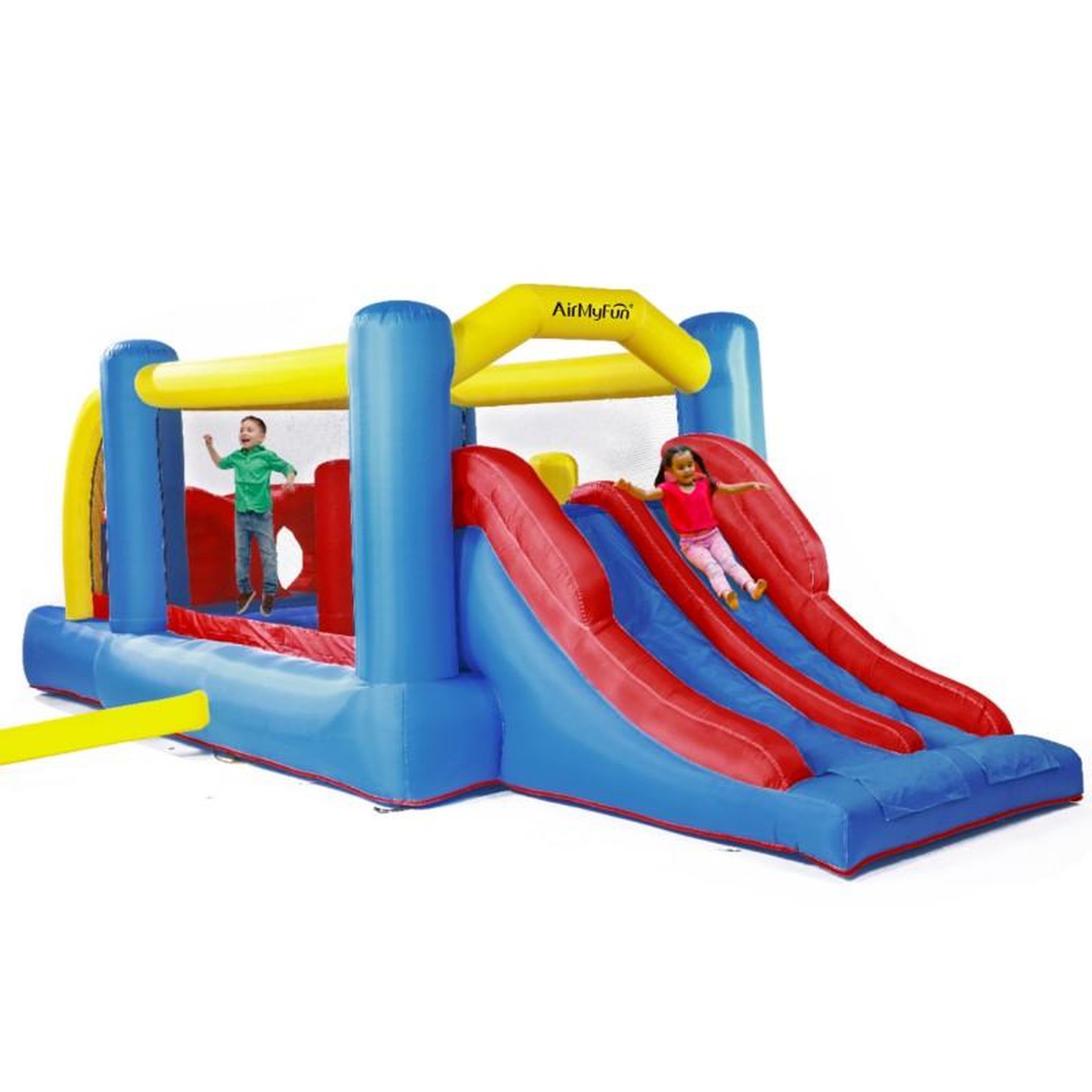 Voir la diapositive 1 : AIRMYFUN Château gonflable : aire de jeux gonflable avec obstacles et double toboggan - surface de jeux : 560 x 255 x 190 cm - Wipe out