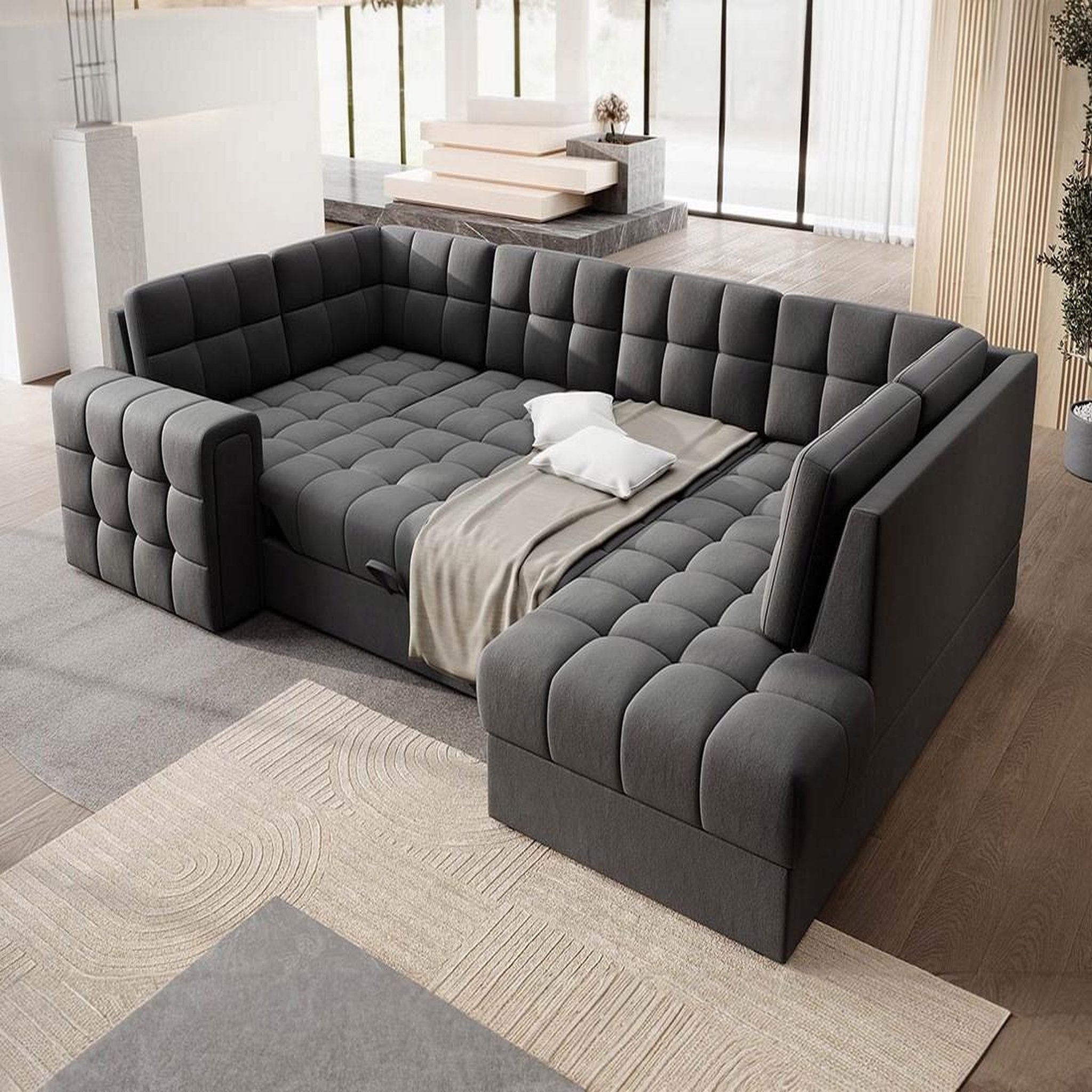 Voir la diapositive 2 : BEST MOBILIER Nappa - canapé panoramique d'angle gauche 7 places convertible avec coffre en velours