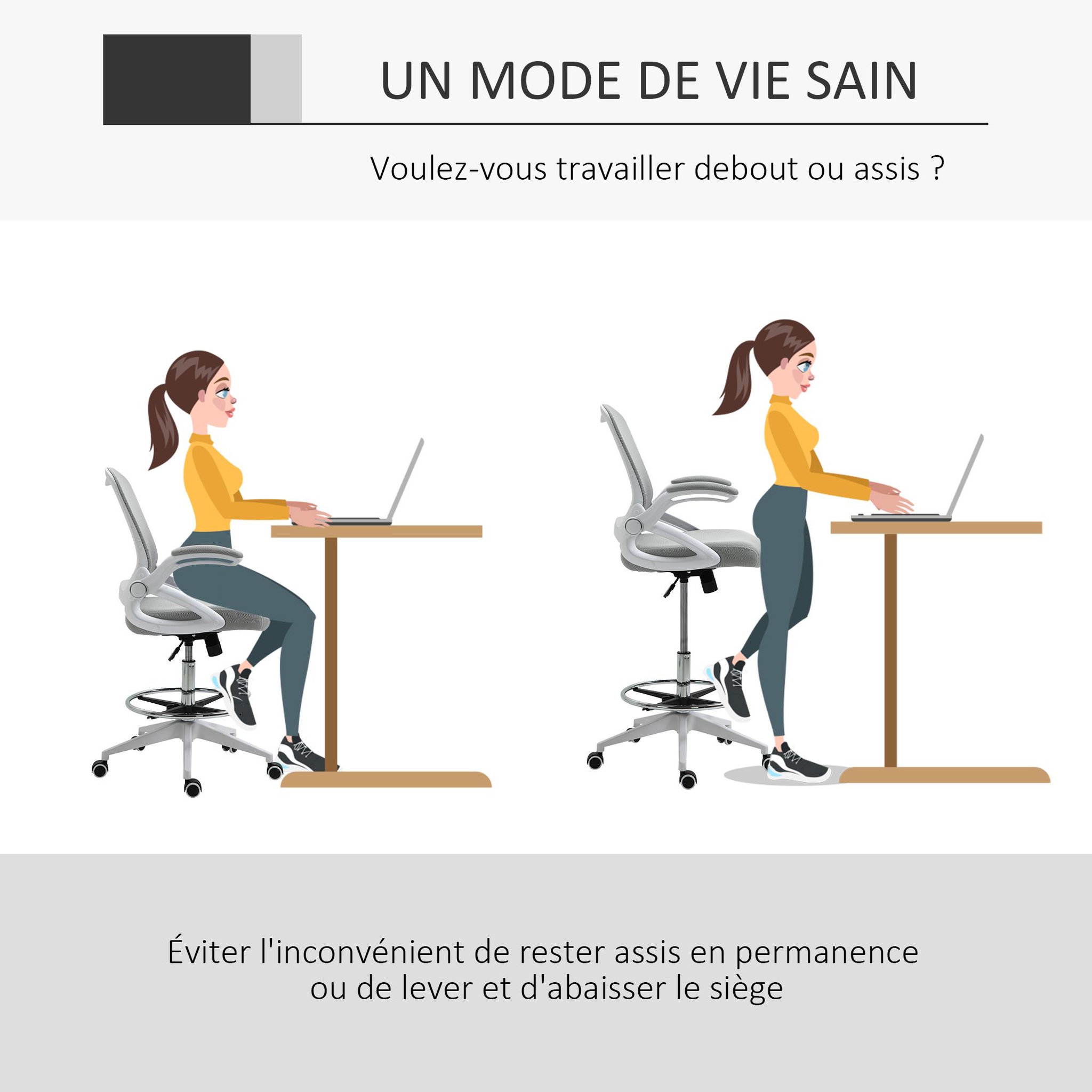 Voir la diapositive 5 : HOMCOM Fauteuil de bureau chaise de bureau assise haute réglable dim. 64L x 60l x 106-126H cm pivotant 360° maille respirante gris
