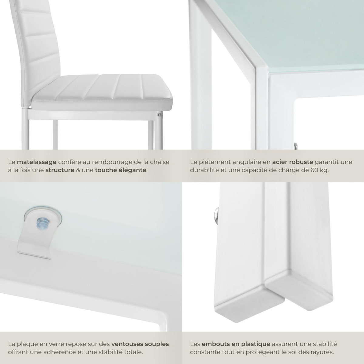 tectake Ensemble table et chaises de salle à manger en acier blanc