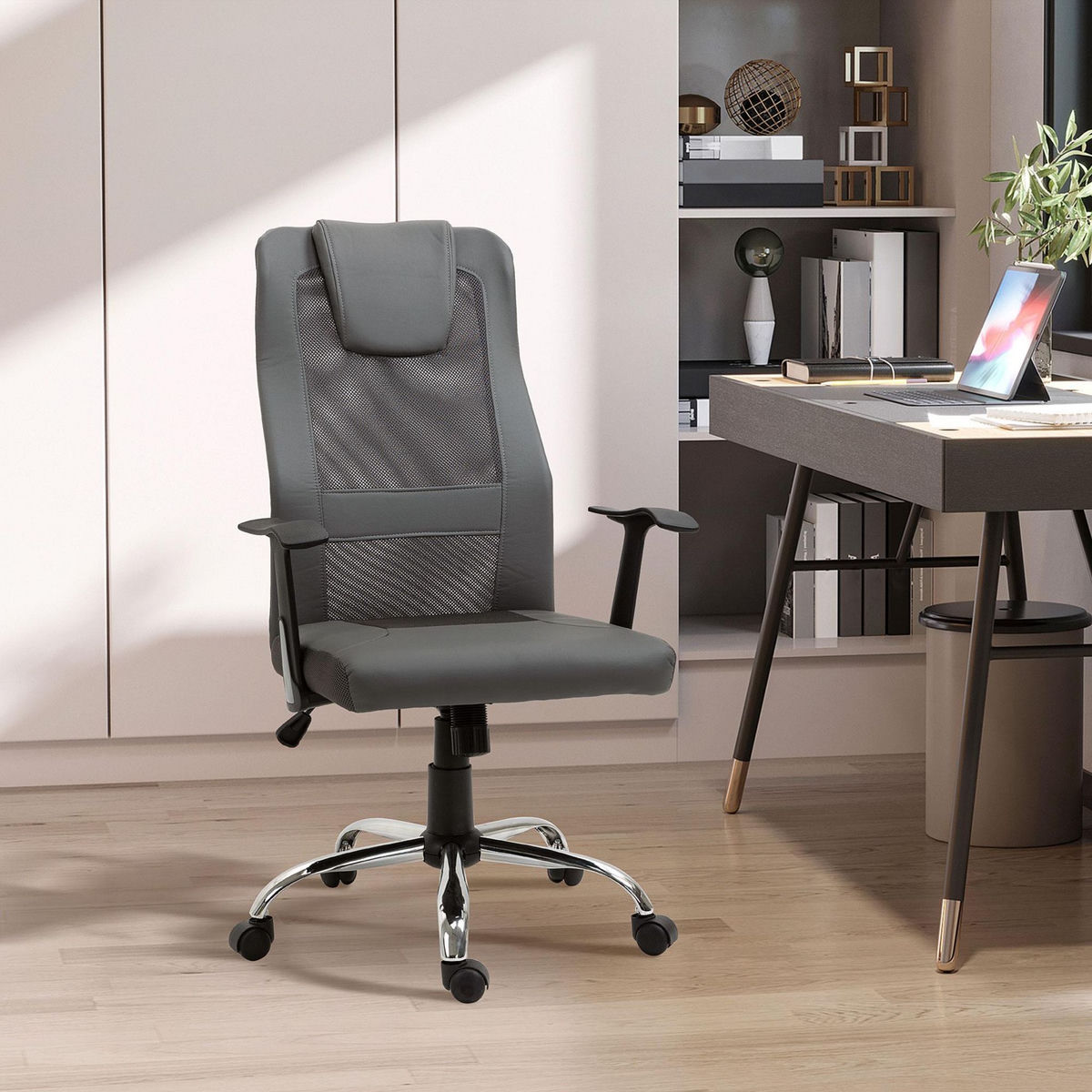 HOMCOM Fauteuil de bureau ergonomique hauteur assise réglable pivotant 360° revêtement synthétique et maille gris