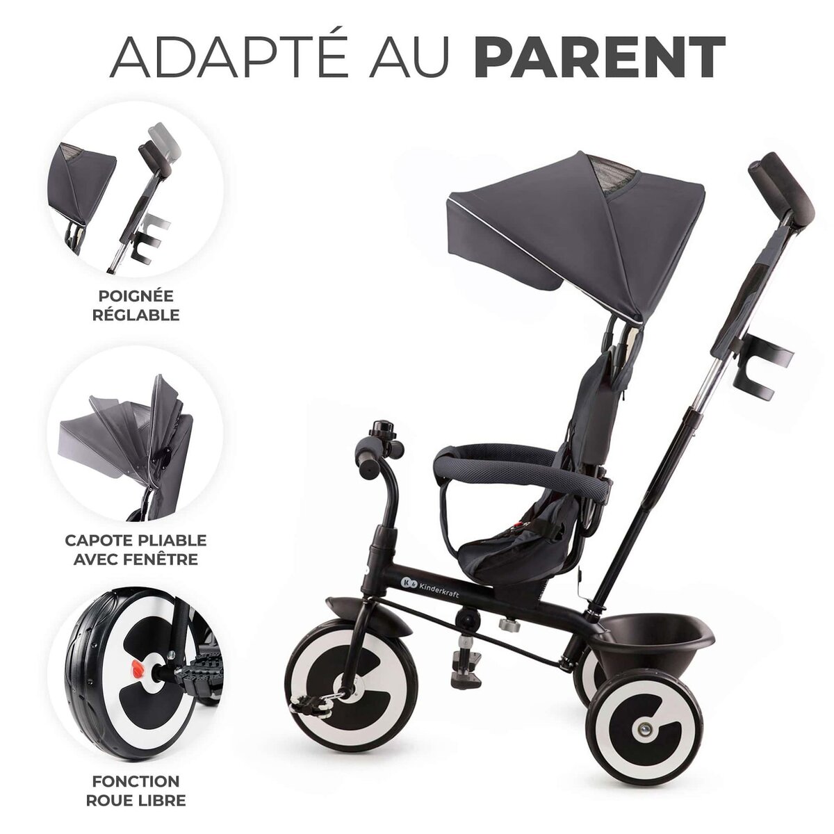 KINDERKRAFT Tricycle evolutif poussette avec pare soleil regl
