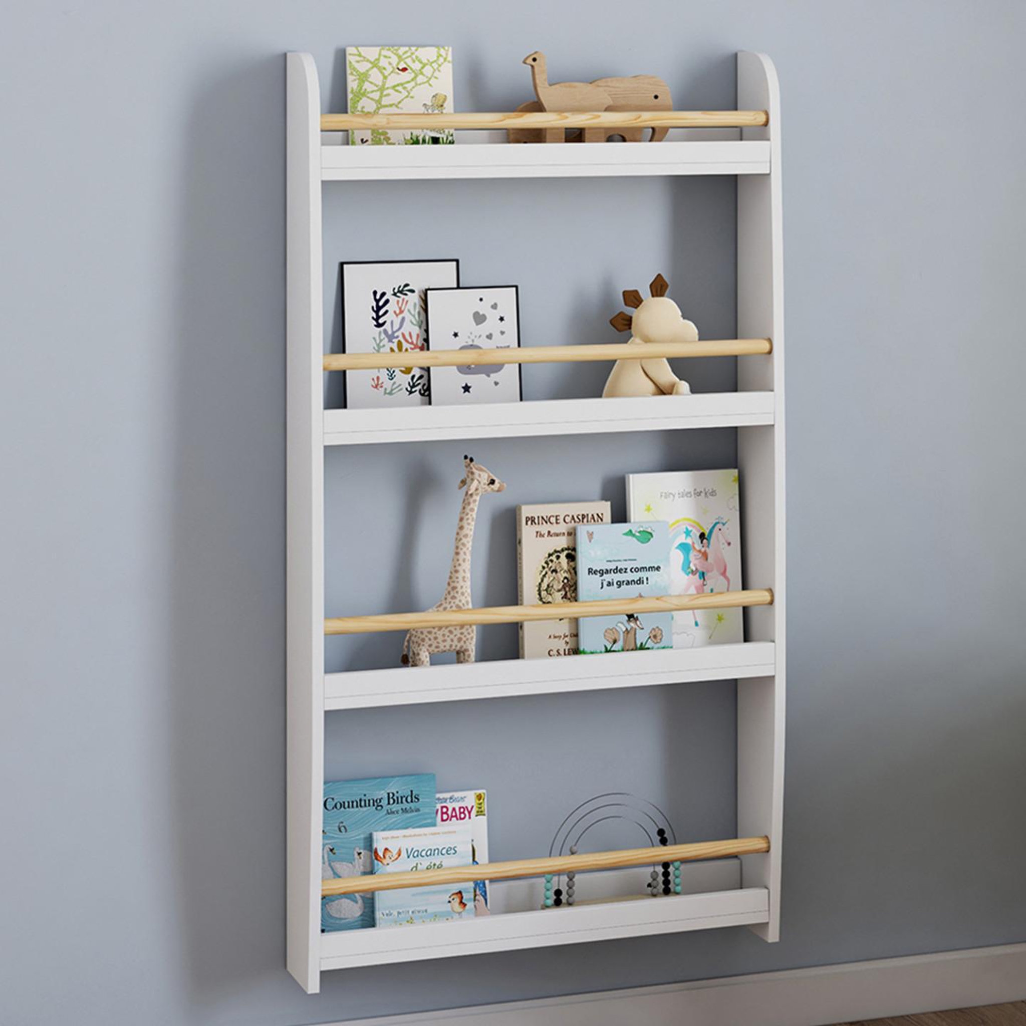 Voir la diapositive 2 : ID MARKET Bibliothèque murale enfant paulette 4 étagères blanc et bois