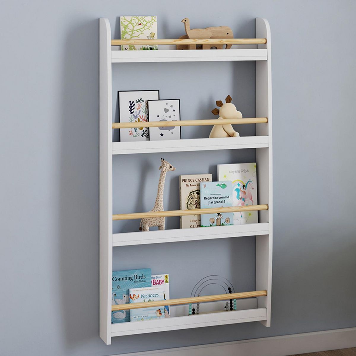 ID MARKET Bibliothèque murale enfant PAULETTE 4 étagères blanc et bois