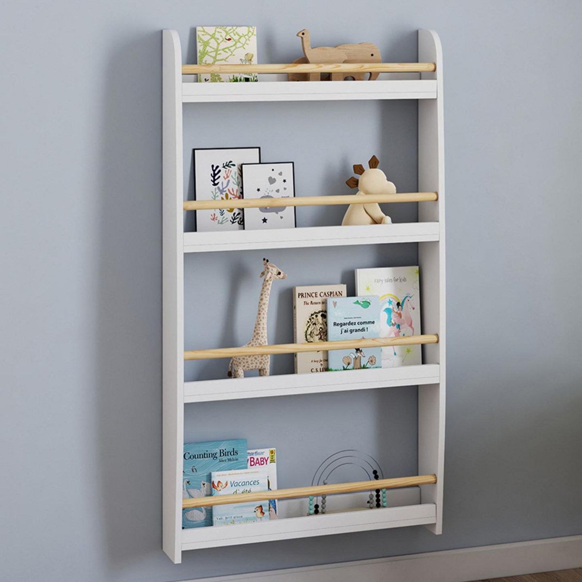 ID MARKET Bibliothèque murale enfant PAULETTE 4 étagères blanc et bois