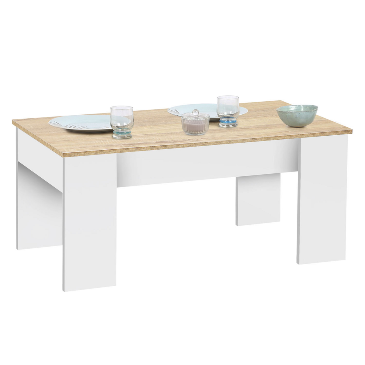 ID MARKET Table basse plateau relevable rectangulaire TARA bois blanc et imitation hêtre