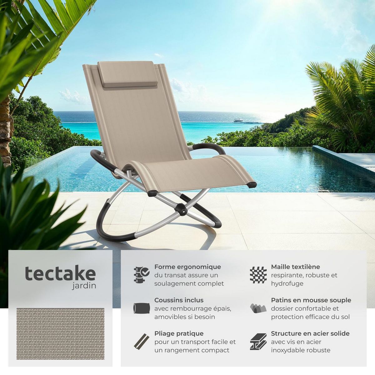 tectake Bain de soleil avec textilène beige