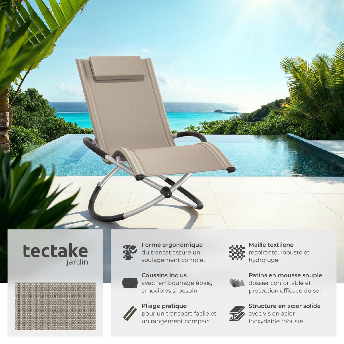 tectake Bain de soleil avec textilène beige