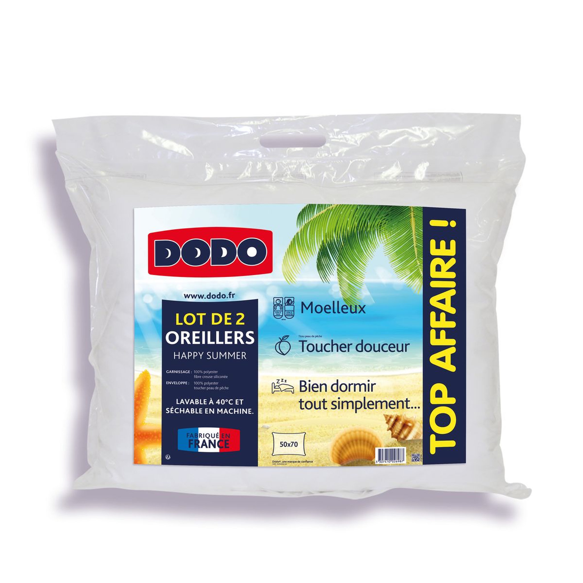 Voir la diapositive 1 : DODO Lot de 2 oreillers confort moelleux en microfibre toucher peau de pêche HAPPY SUMMER