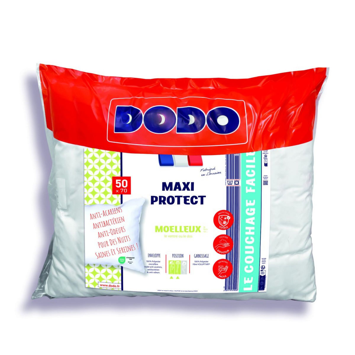 DODO Oreiller confort moelleux en microfibre Très Doux - Peau de Pêche Traité Anti-Acariens, Antibactérien et Anti-Odeurs MAXI PROTECT