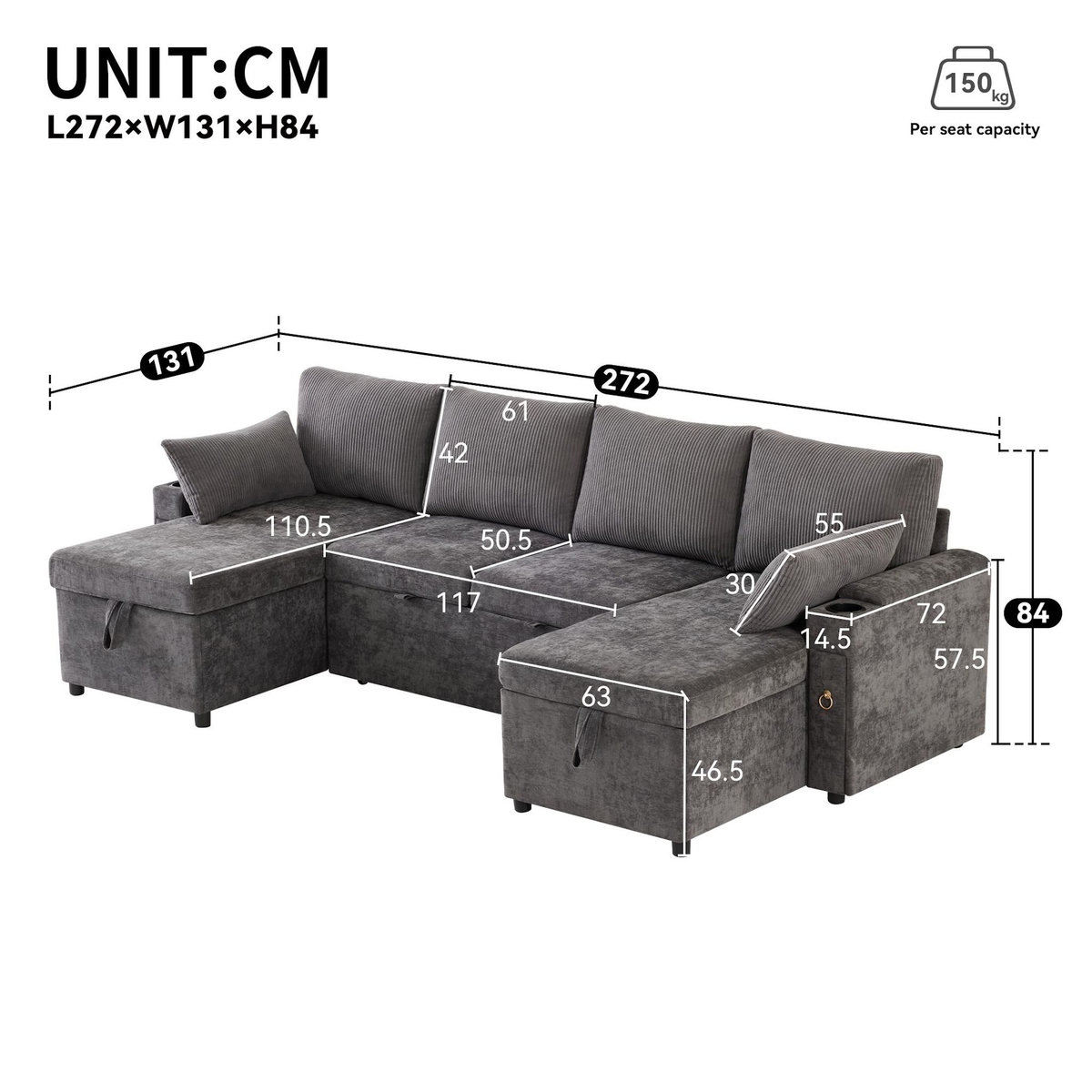 MERAX Canapé d'angle panoramique convertible 4 places tissu coffre de rangement