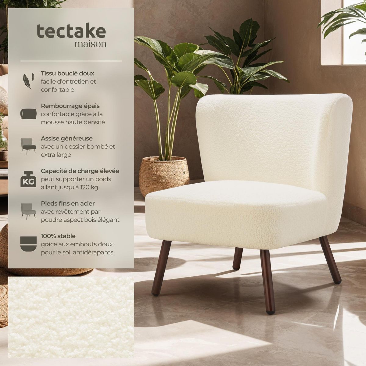 tectake Fauteuil cocktail rembourré avec revêtement en tissu bouclé blanc