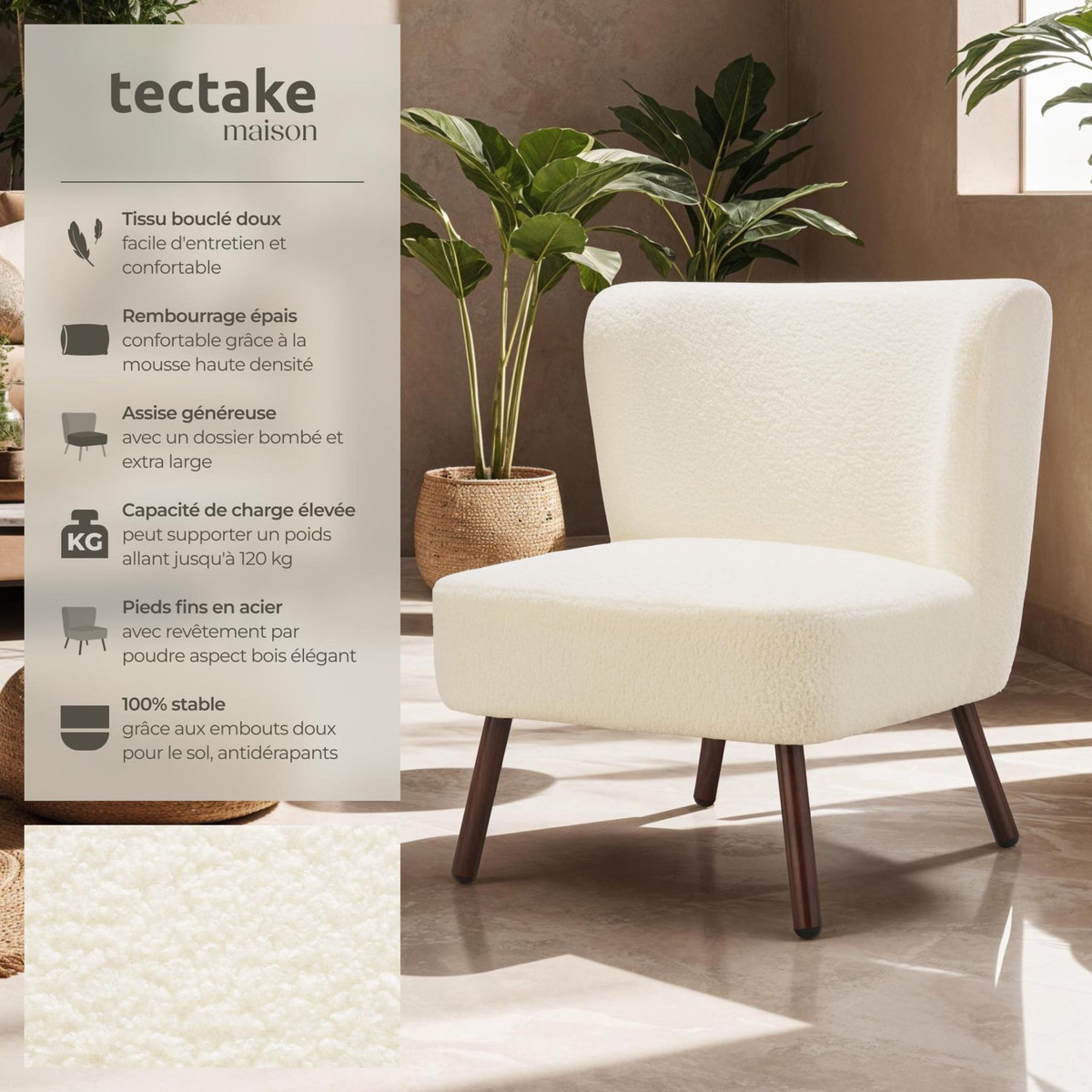 tectake Fauteuil cocktail rembourré avec revêtement en tissu bouclé blanc