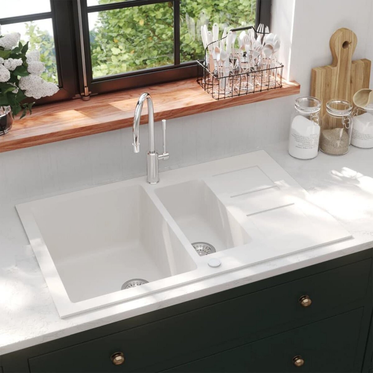 VIDAXL Evier de cuisine avec deux lavabos Blanc Granit