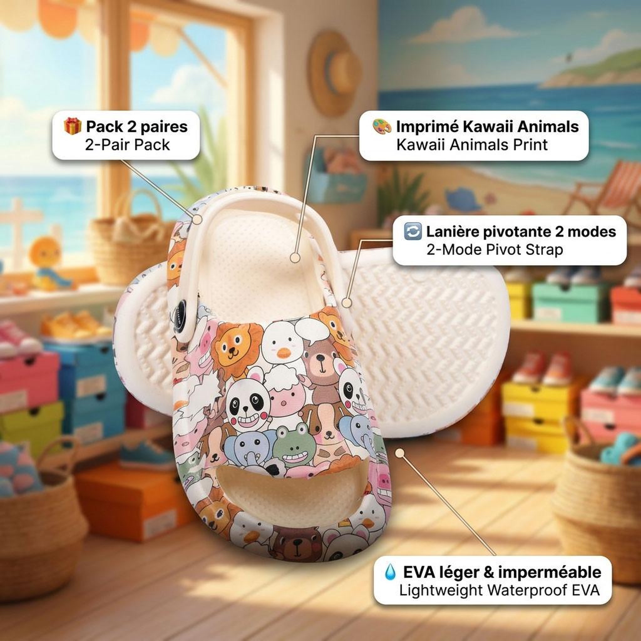 Voir la diapositive 4 : OZABI OZABI Pack 2 Paires Sabots Enfant - Imprimé Animaux Kawaii - Lanière Pivotante