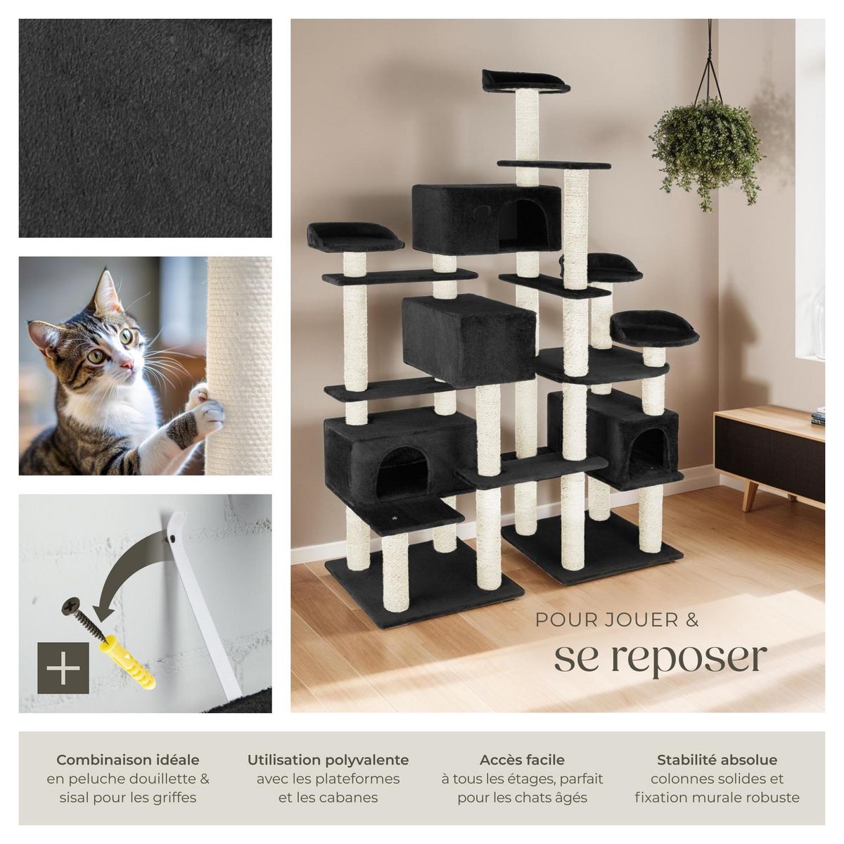 tectake Arbre à chat 214 cm avec griffoir et plateforme d'escalade noir