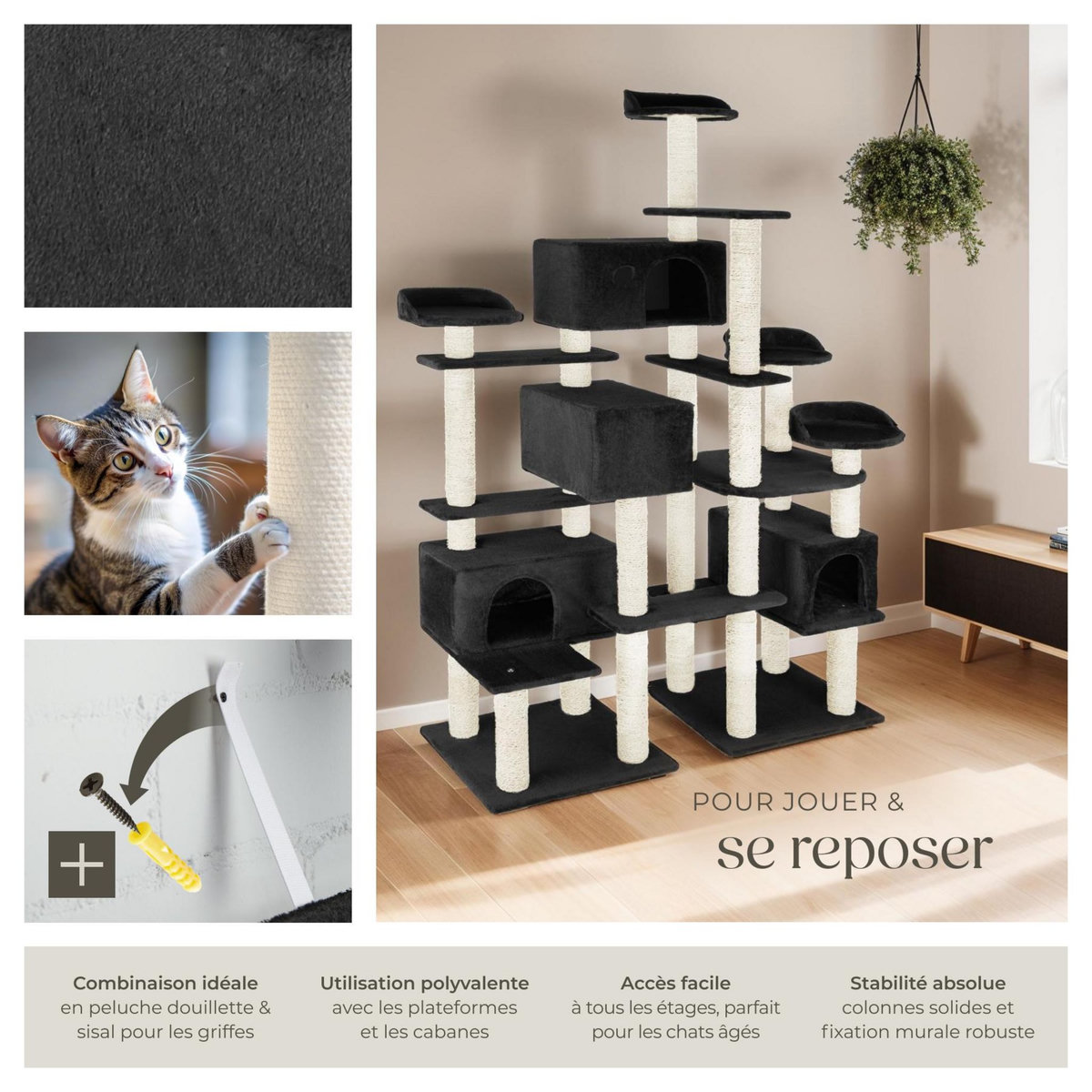 tectake Arbre à chat 214 cm avec griffoir et plateforme d'escalade noir