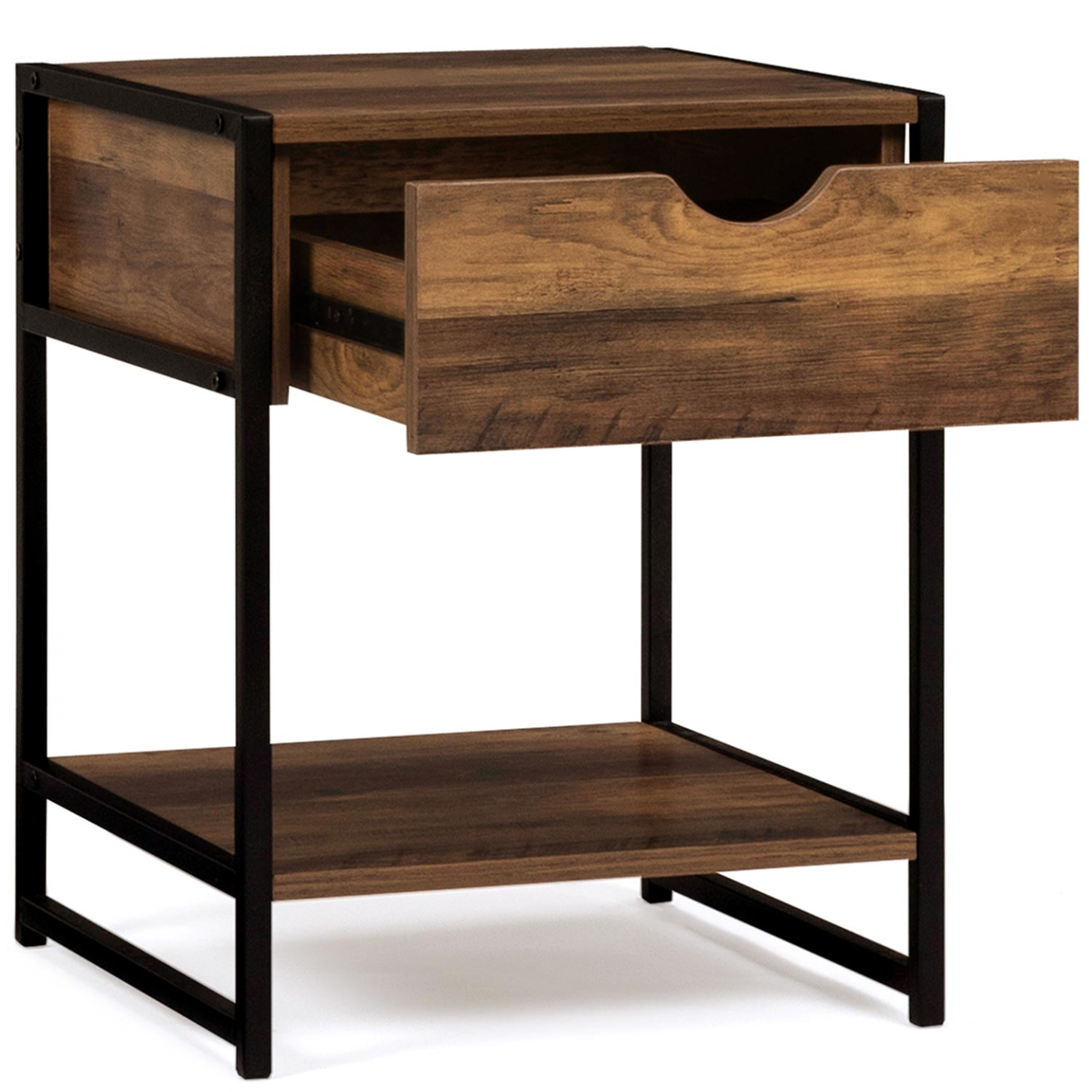 Voir la diapositive 4 : ID MARKET Lot de 2 tables de chevet hawkins 1 tiroir avec tablette bois foncé design industriel