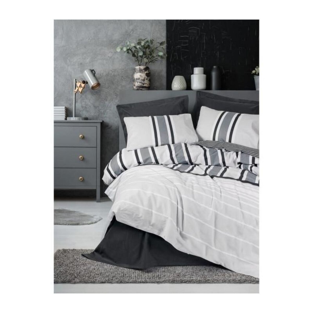 GENERIQUE Parure de lit - 129CTN64488 - 1 housse de couette 220 x 240 cm + 2 taies d'oreiller 60 x 60 cm - 100% coton ranforcé - Anthraci