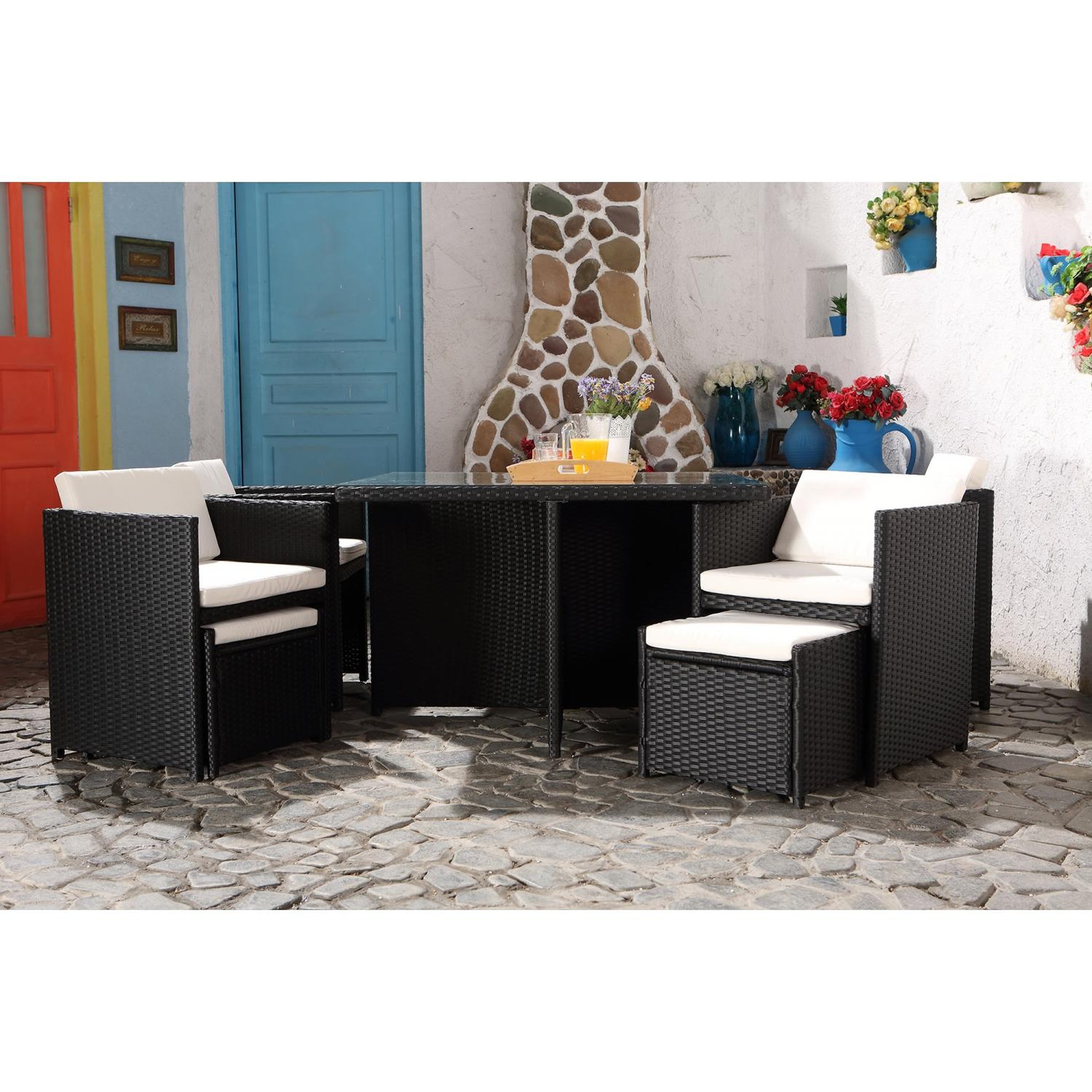 Voir la diapositive 2 : CONCEPT USINE Salon de jardin 8 places noir-blanc + housse de protection miami
