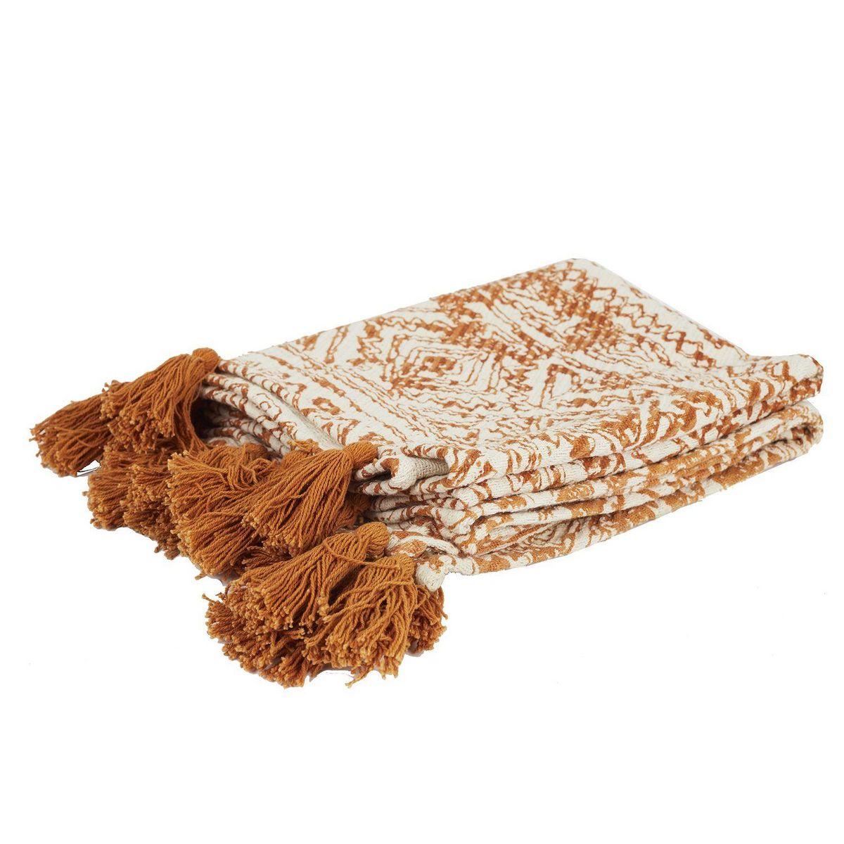 TOILINUX Plaid en coton à Pompons - 120 x 150 cm - Imprimés Ocre et Beige
