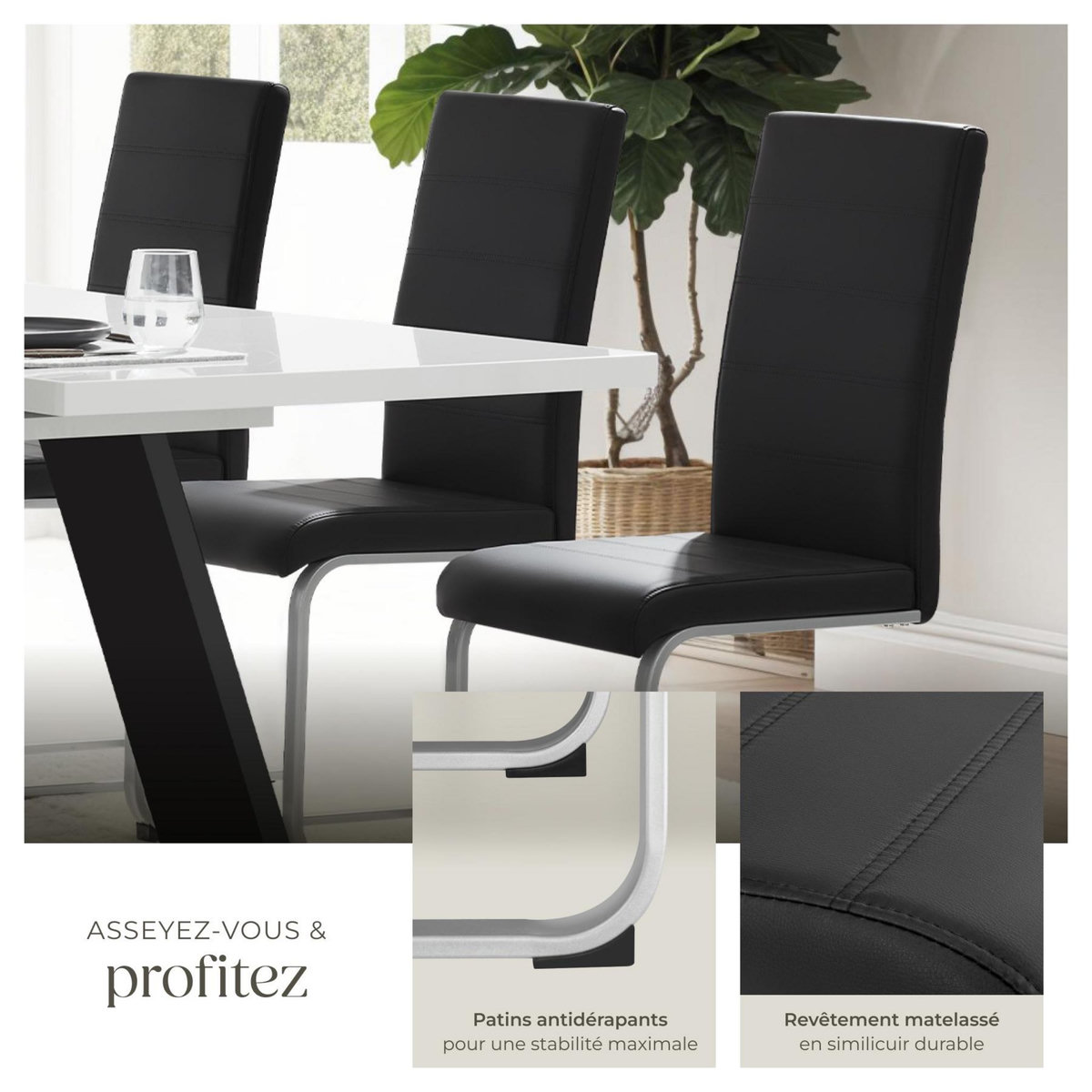 tectake Ensemble de chaises de salle à manger rembourré avec revêtement aspect cuir noir Lot de 4