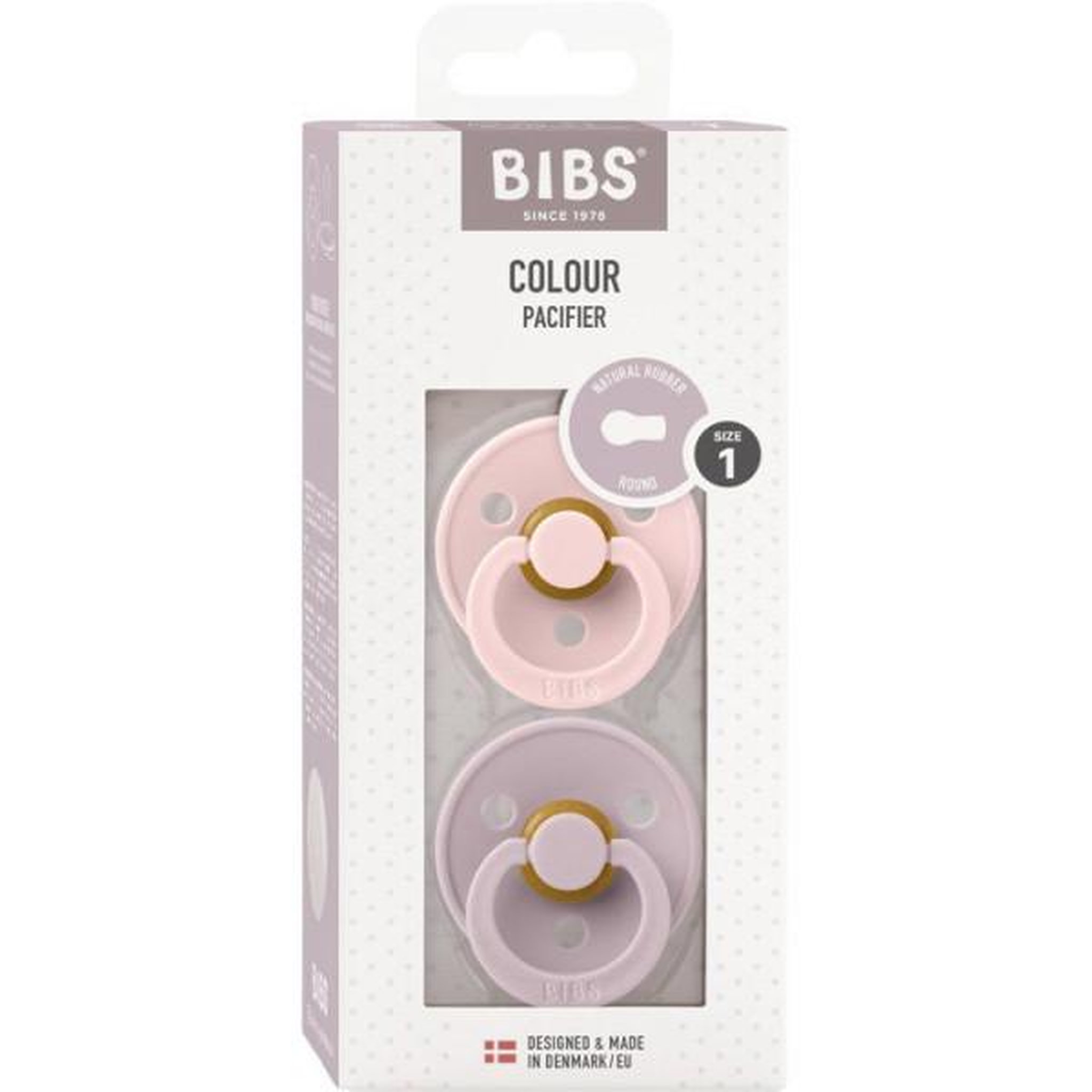 Voir la diapositive 2 : MARKET24 Sucette bébé - BIBS - Colour - Embout rond - Pack de 2 - Caoutchouc naturel - Taille 1 Blossom Dusty Lilac