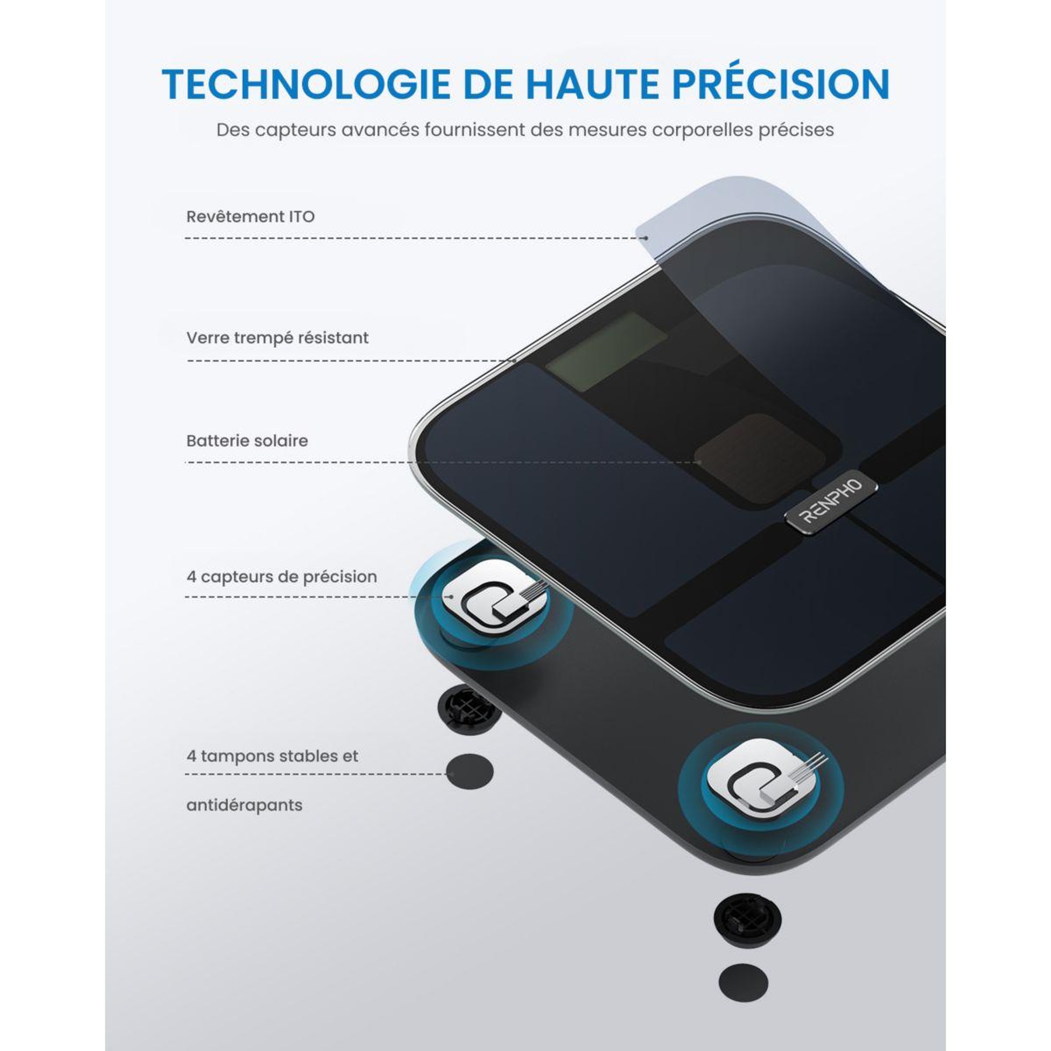 Voir la diapositive 5 : RENPHO Pèse personne connecté Elis Solar 2 A020 connecté, impédancemètre, 13 mesures corporelles - Recharge solaire