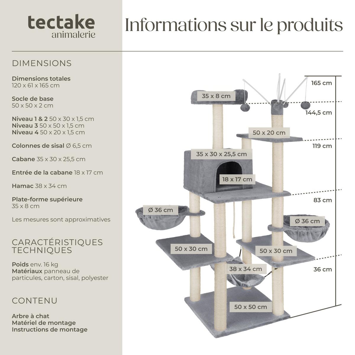 tectake Arbre à chat 165 cm avec griffoir et plateforme d'escalade gris