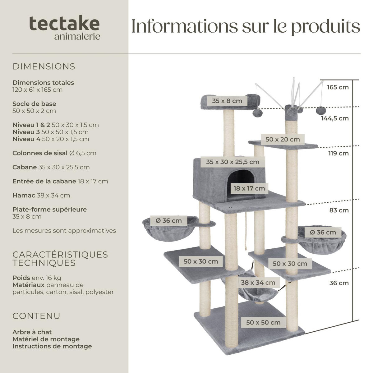 tectake Arbre à chat 165 cm avec griffoir et plateforme d'escalade gris