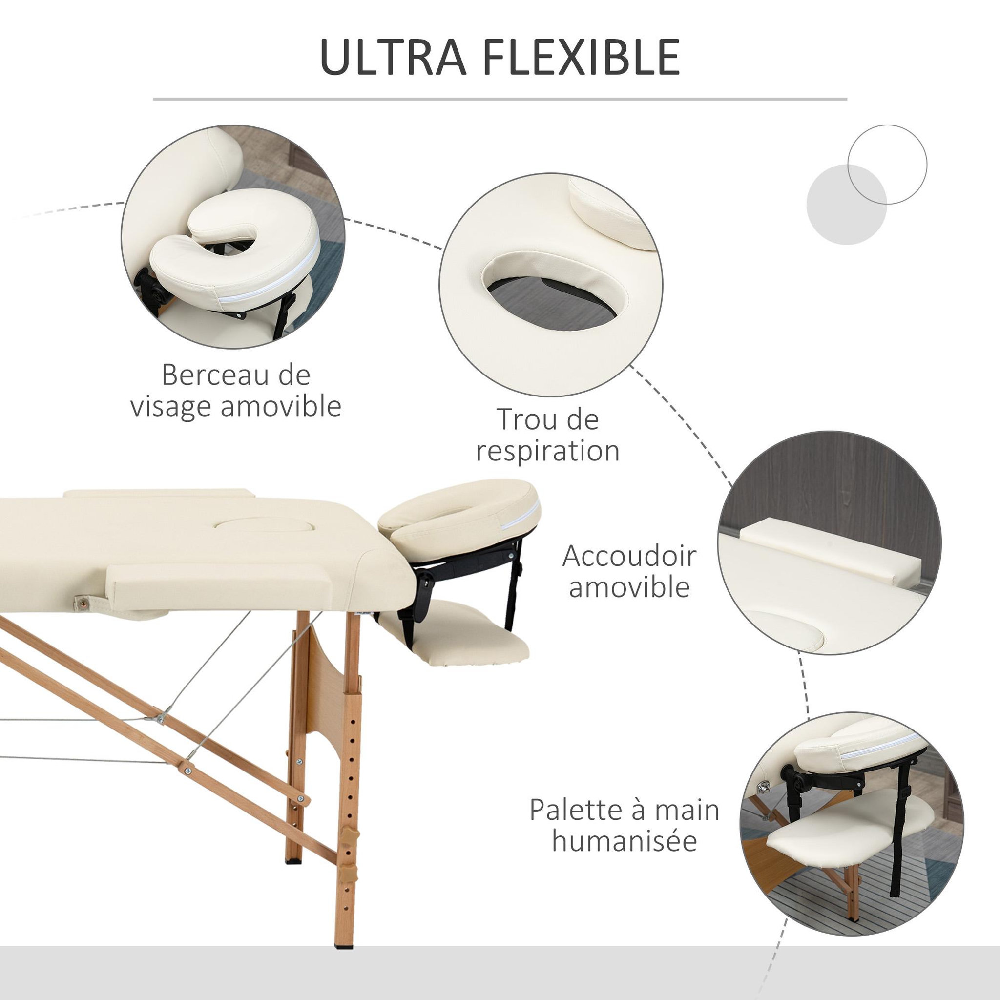 Voir la diapositive 4 : HOMCOM Table de massage pliante lit table de beauté 2 zones portable sac de tranport inclus hauteur réglable dim. 182L x 60l x 61-87H cm bois massif revêtement synthétique crème