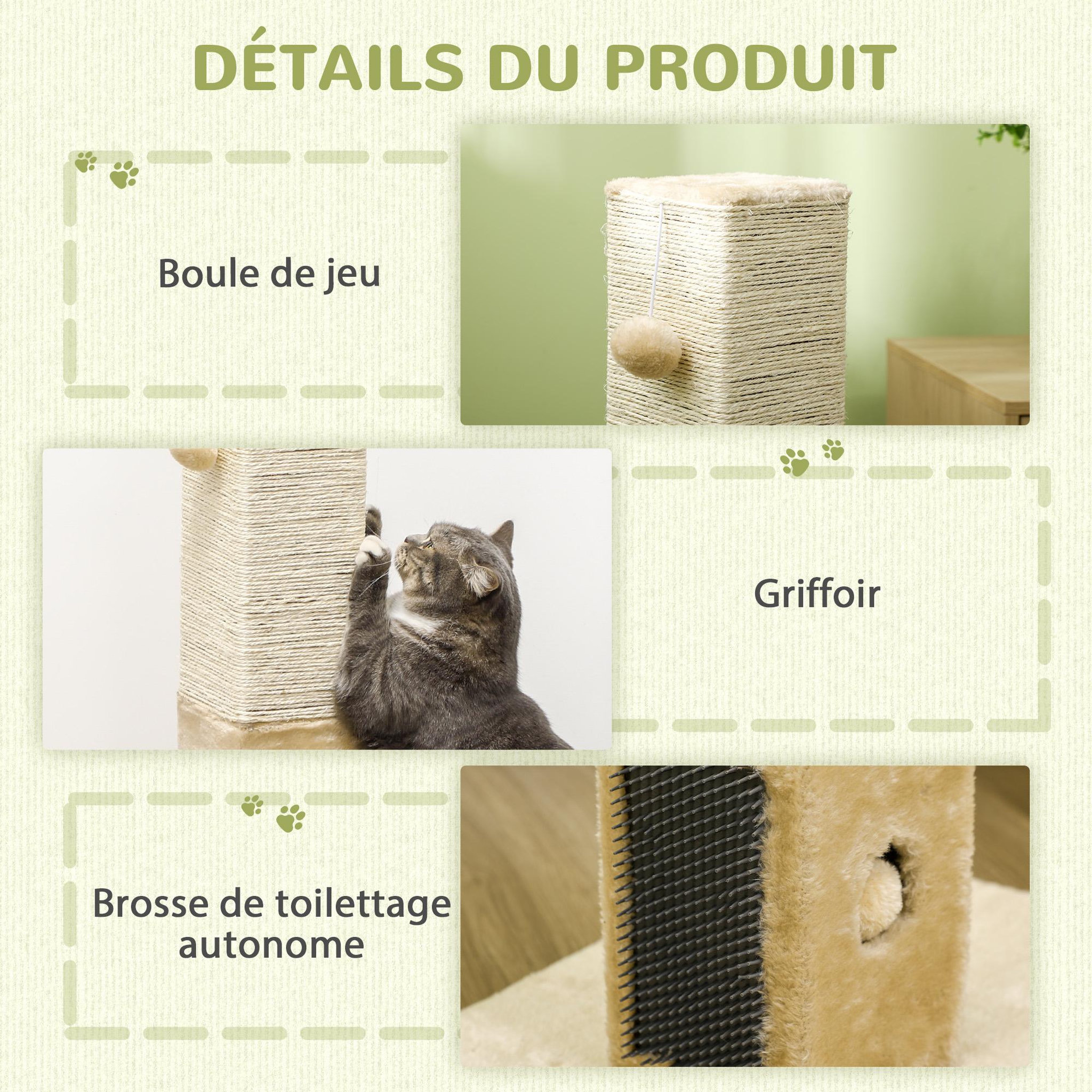 Voir la diapositive 5 : PAWHUT Griffoir chat h.79 cm - jeu boule suspendue et boule clochette, 2 bandes massantes - beige