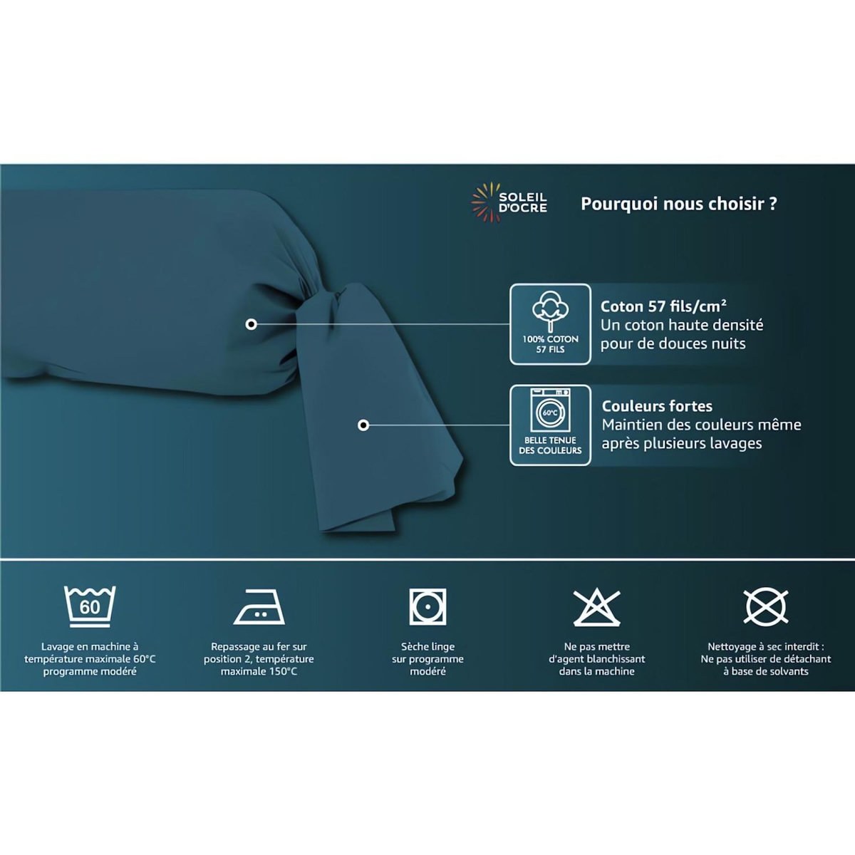 SOLEIL D'OCRE Taie de traversin en coton 57 fils UNI, par Soleil d'Ocre