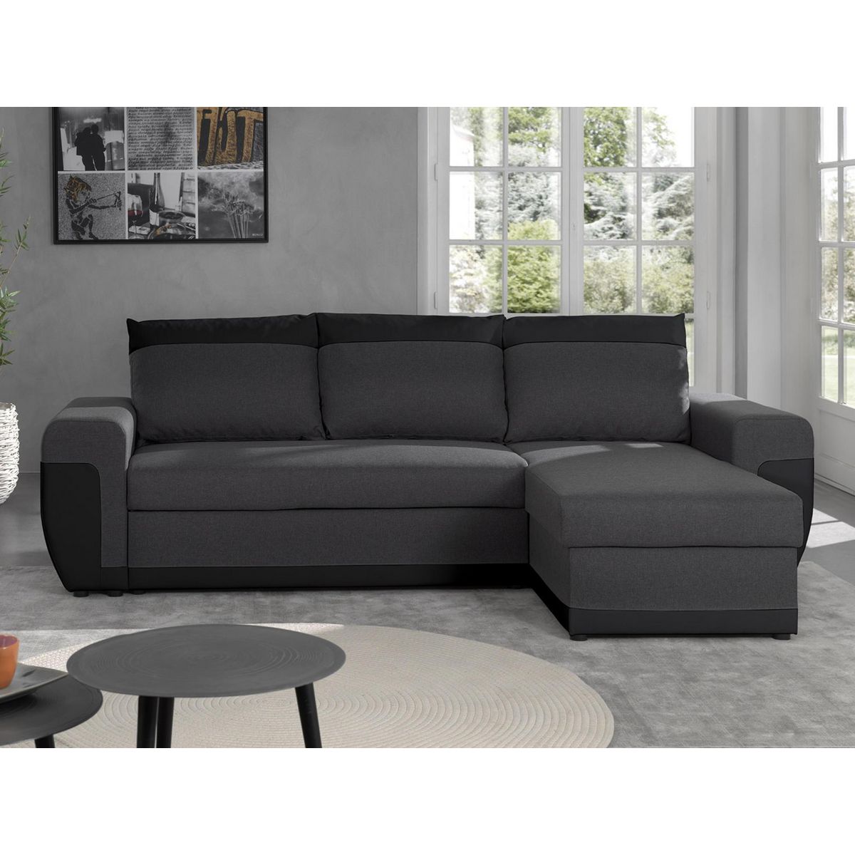 BEST MOBILIER Milan - canapé d'angle réversible - 4 places - convertible avec coffre - en simili et tissu