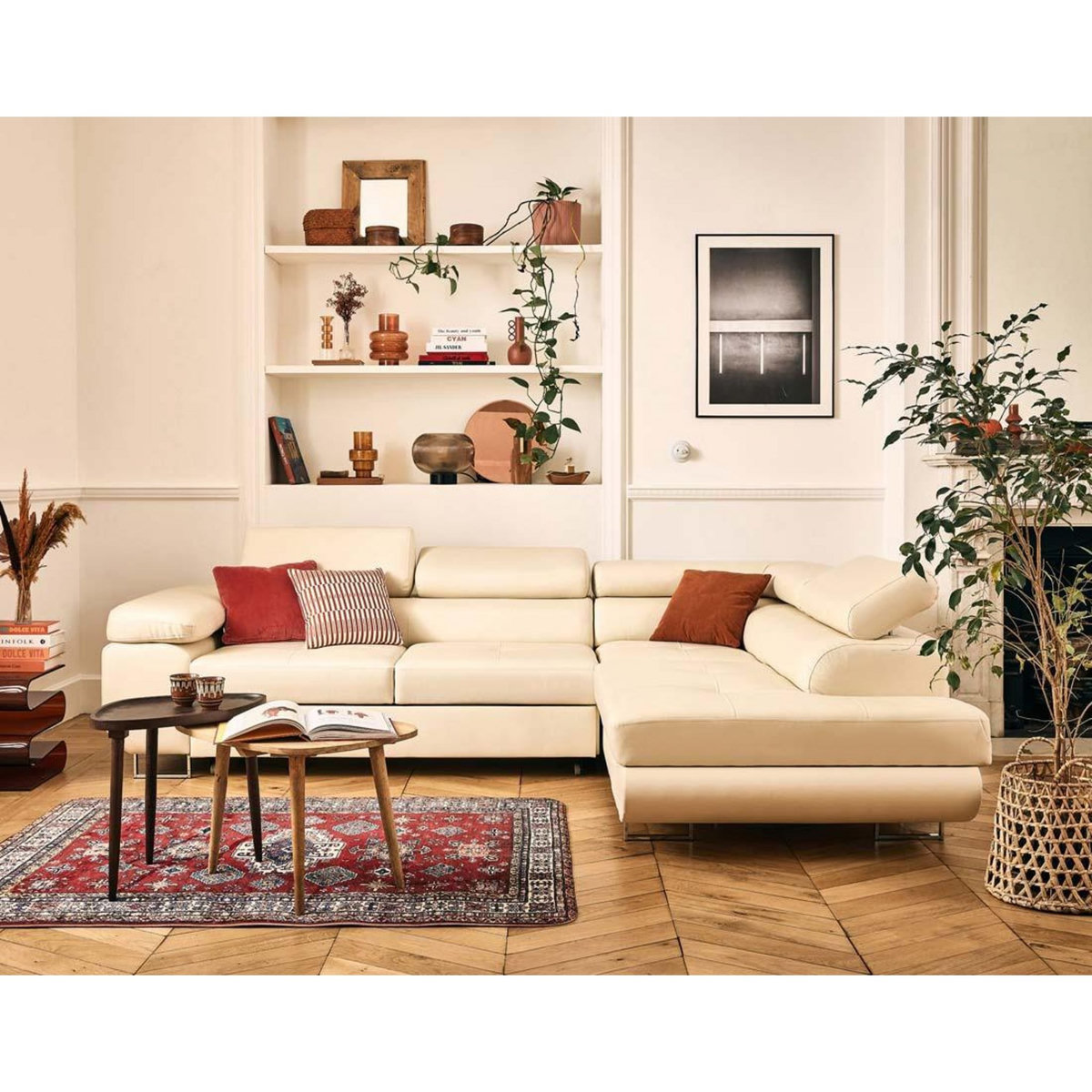 LISA DESIGN Zaria - canapé d'angle droit 5 places convertible avec coffre et têtières en simili