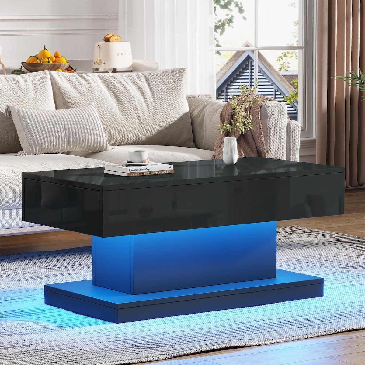 MERAX Table basse rectangulaire noir avec 2 tiroirs - 50x100 cm led panneau de particules