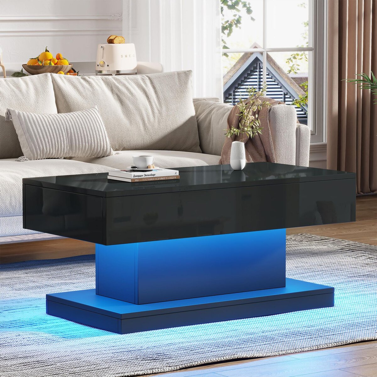 MERAX Table basse rectangulaire noir avec 2 tiroirs - 50x100 cm led panneau de particules