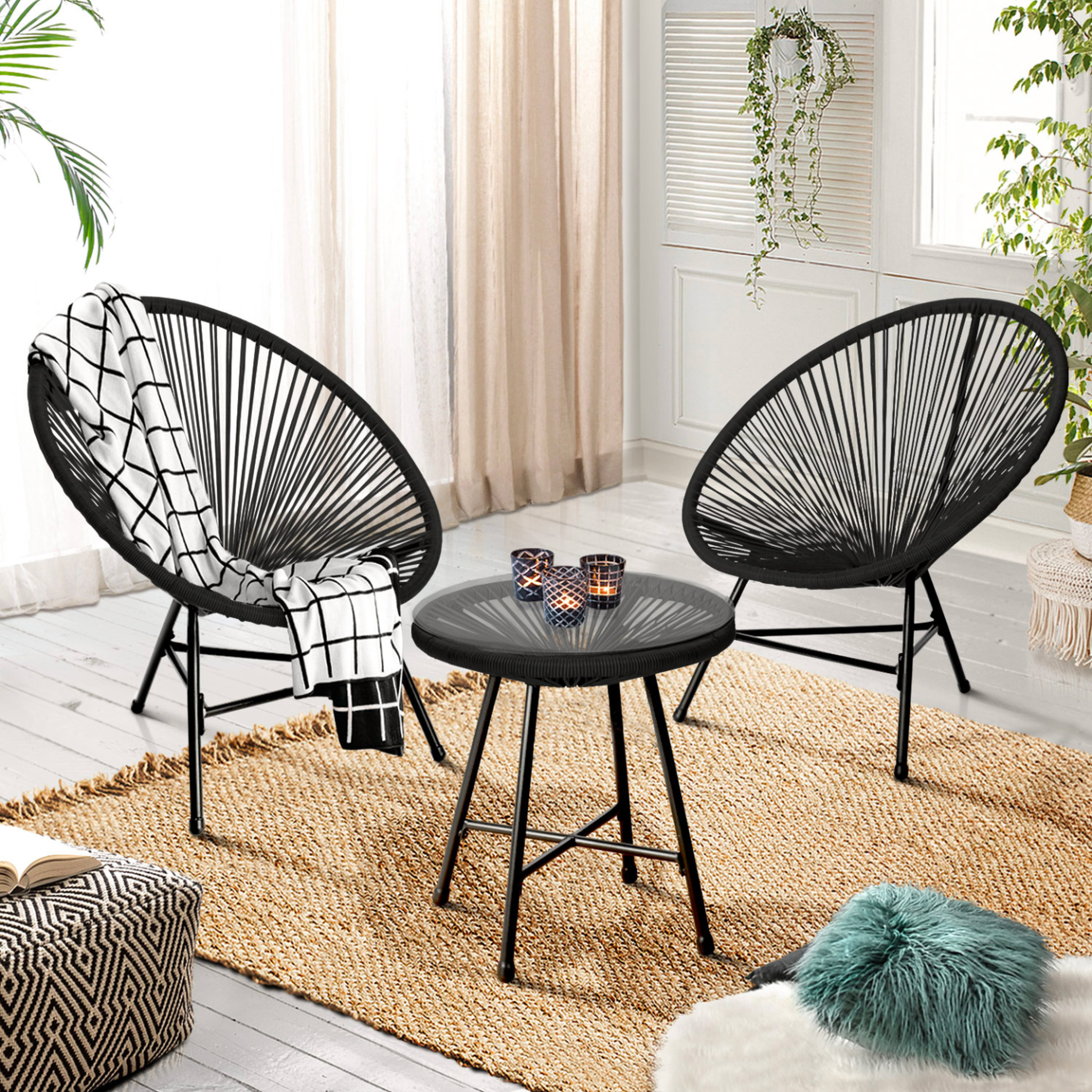 Voir la diapositive 6 : ID MARKET Salon de jardin izmir table et 2 fauteuils oeuf cordage noir