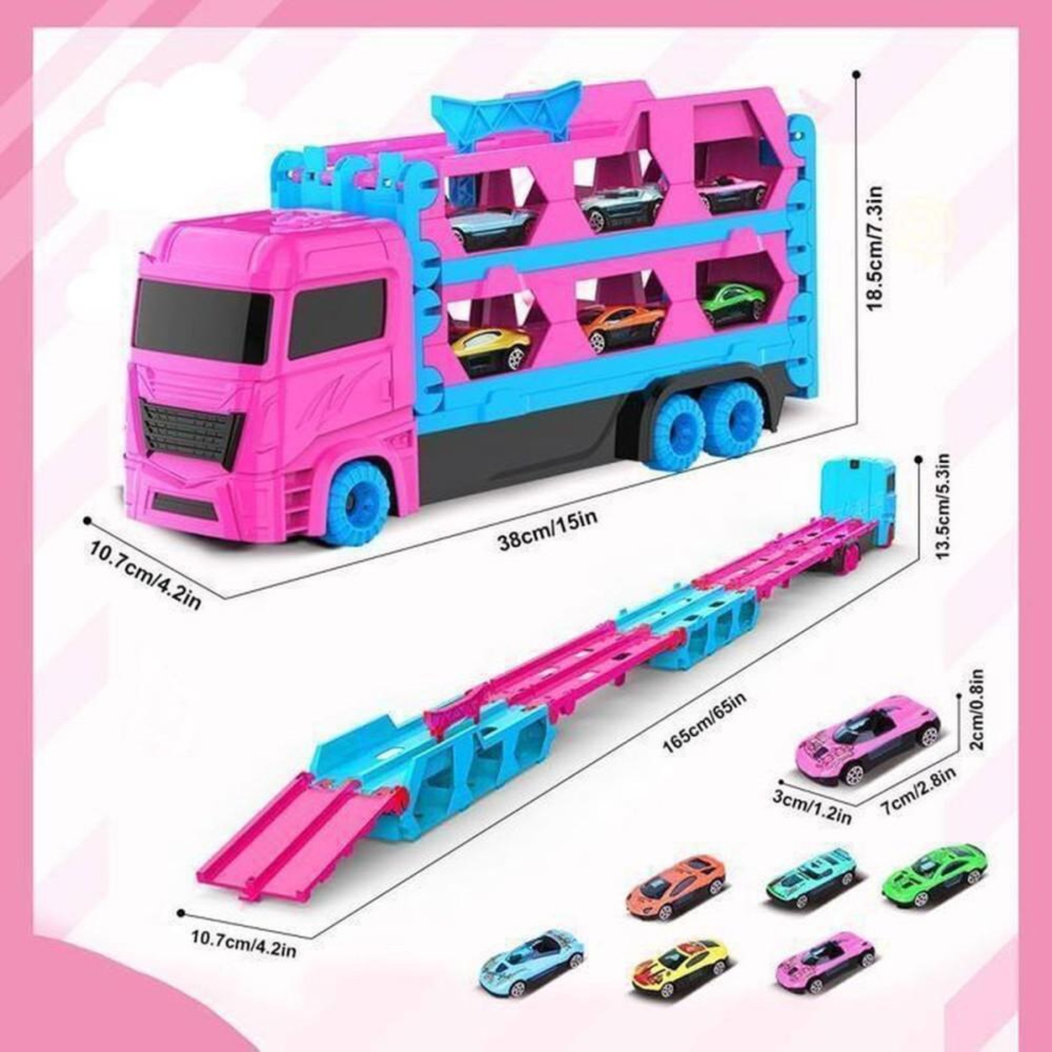 Voir la diapositive 6 : Camion transporteur de voitures enfant avec piste et 6 mini voitures, jeu sans piles à retour automatique, couleurs rose et bleu, poignée de transport, dès 3 ans