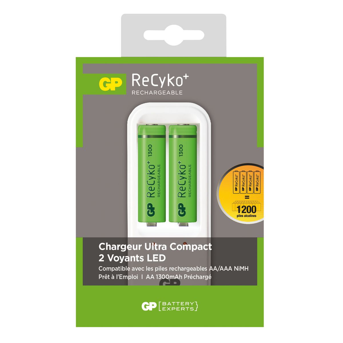 GP Recyko chargeur compact - lot de 2 piles AA + chargeur