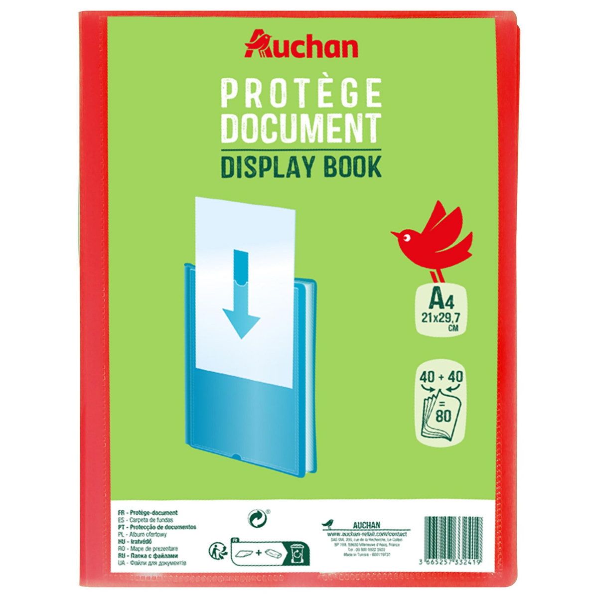 AUCHAN Lot de 3 protège-documents A4 souples 80 vues Polypro