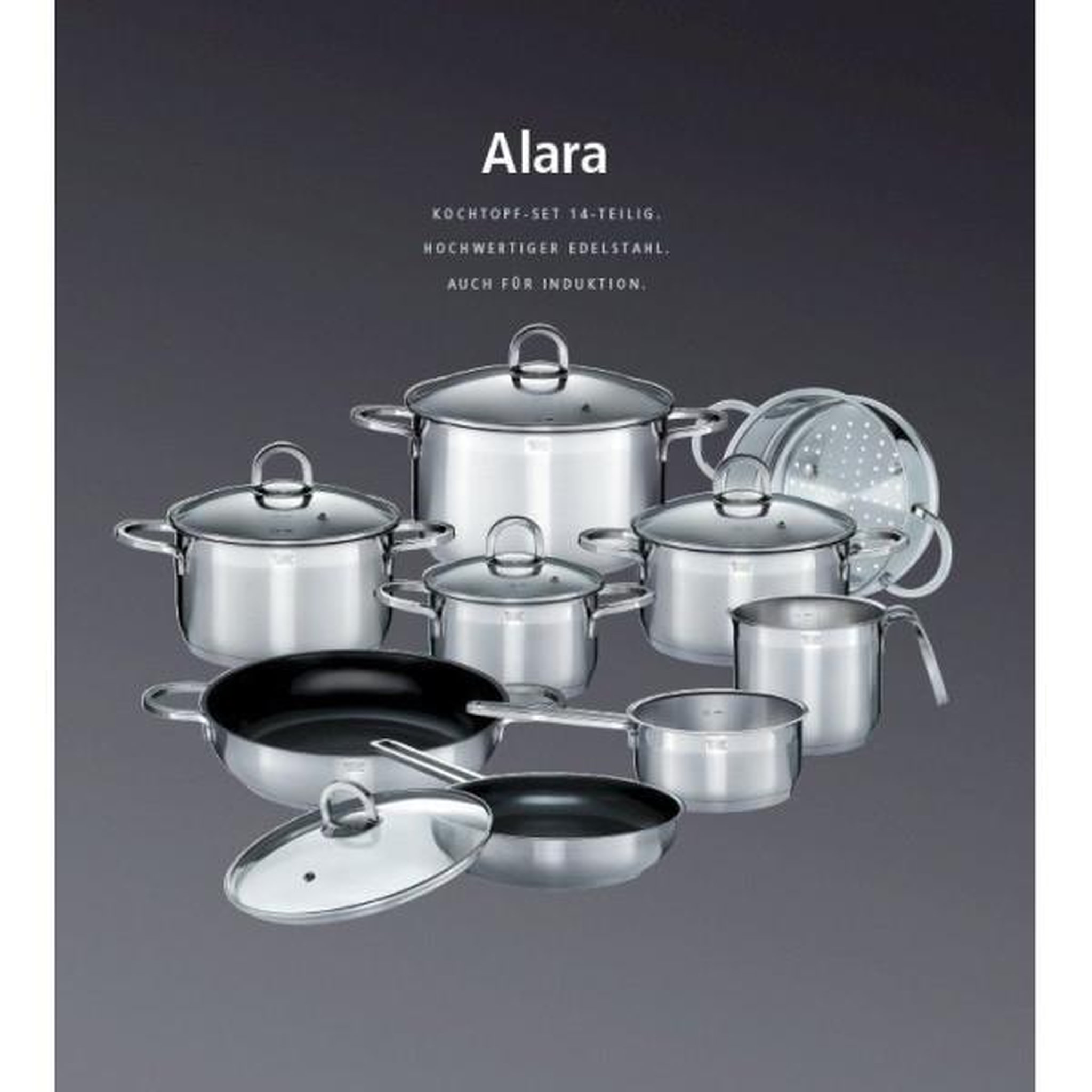 Voir la diapositive 3 : GSW Batterie de cuisine - Induction - GSW - ALARA - Acier inoxydable massif 18/10 - 14 pieces