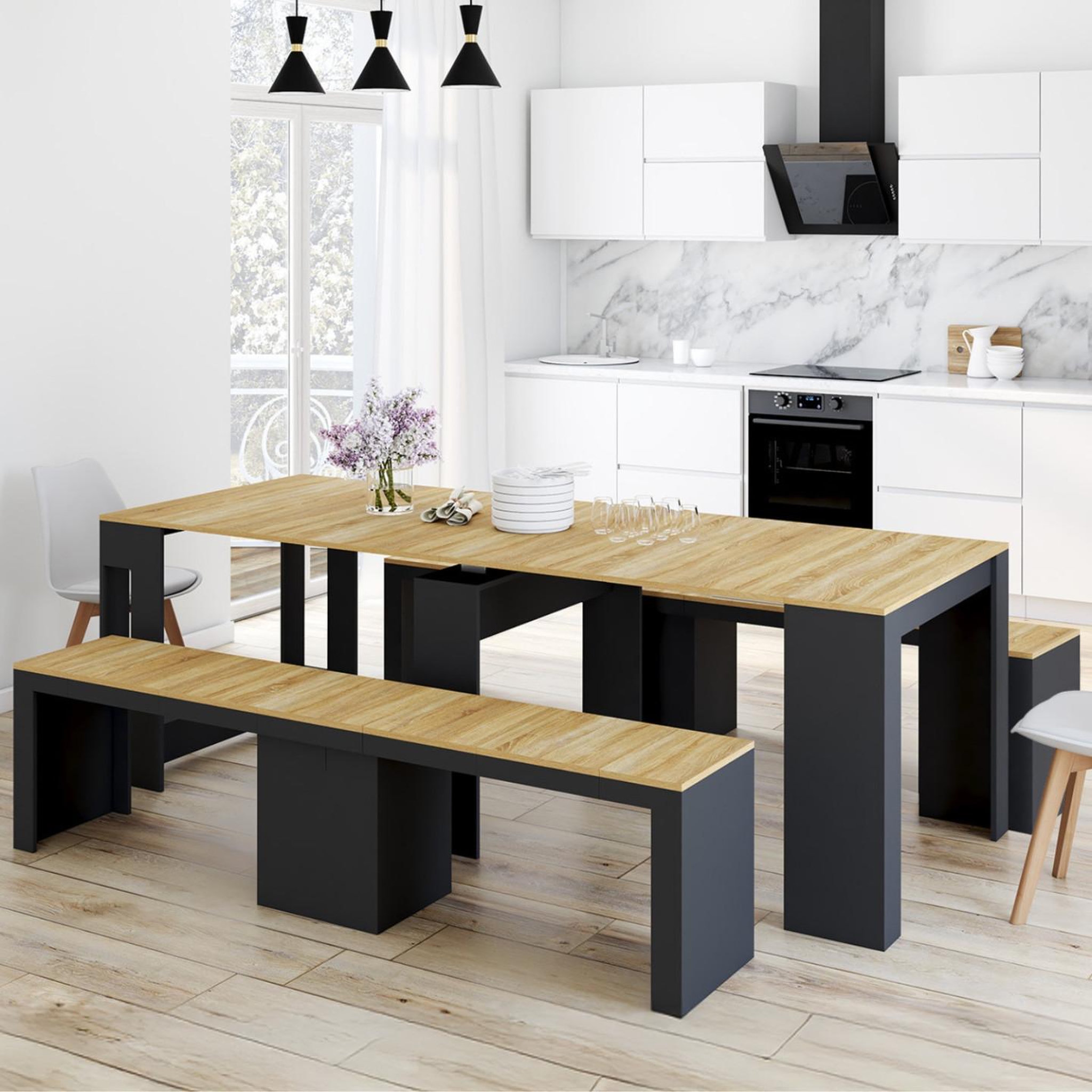 Voir la diapositive 2 : ID MARKET Ensemble table console avec bancs extensibles ORLANDO 10 personnes 235 cm bois noir et façon hêtre