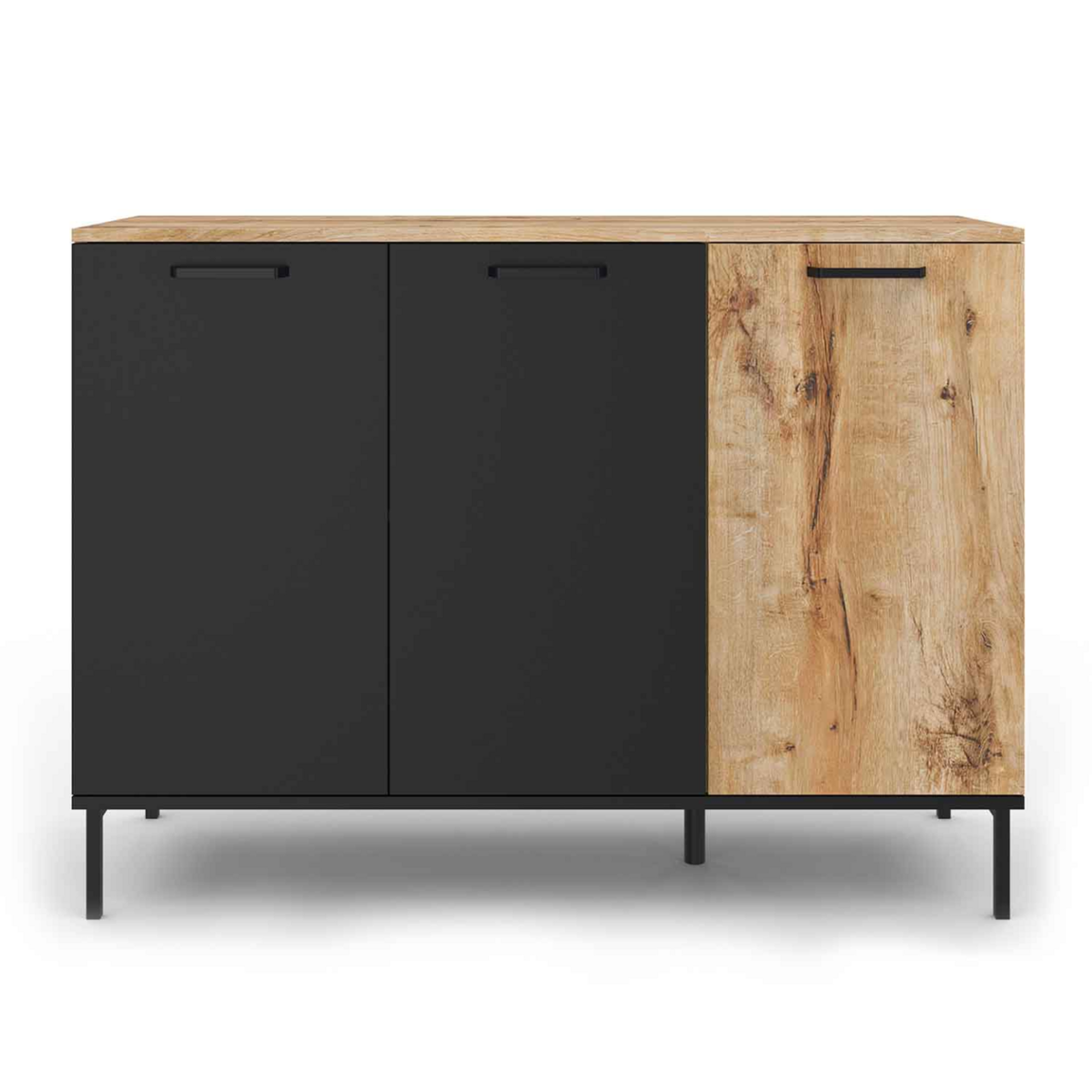 ID MARKET Buffet 110 cm OAKLAND 3 portes bois et noir design industriel