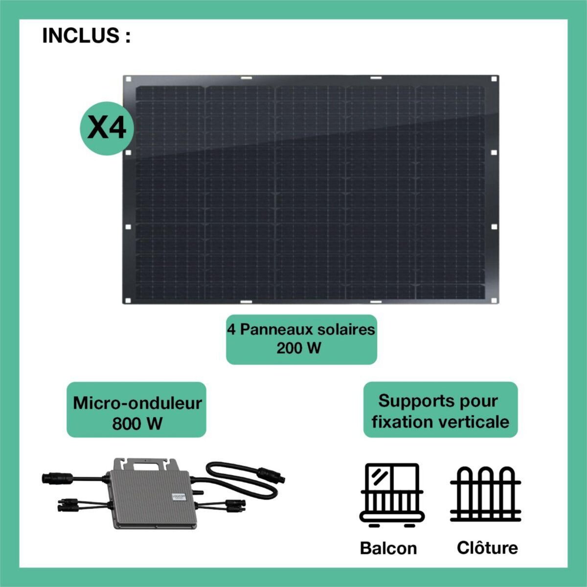 LOGICOM ENERGY Panneau solaire 4x200W flex+Micro-Onduleur 800W+support