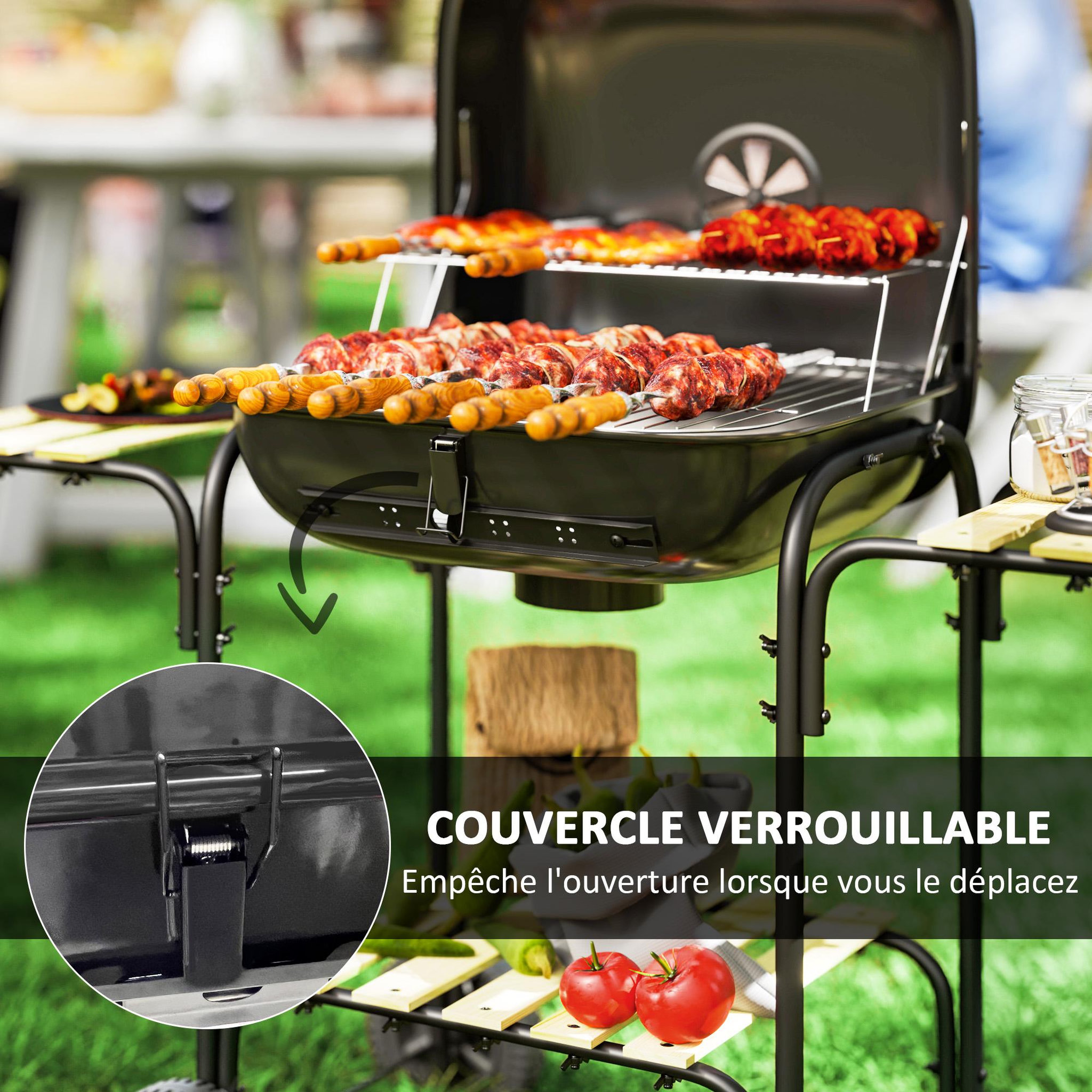 Voir la diapositive 5 : OUTSUNNY Barbecue charbon de bois avec couvercle 2 roues 3 étagères grilles acier chromée