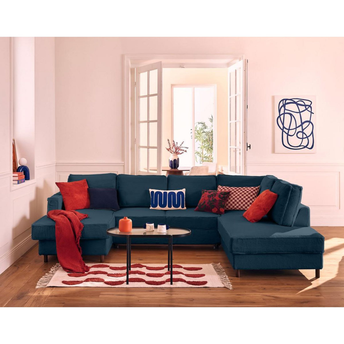 LISA DESIGN Jake - canapé panoramique d'angle droit 7 places convertible avec coffre en fausse fourrure