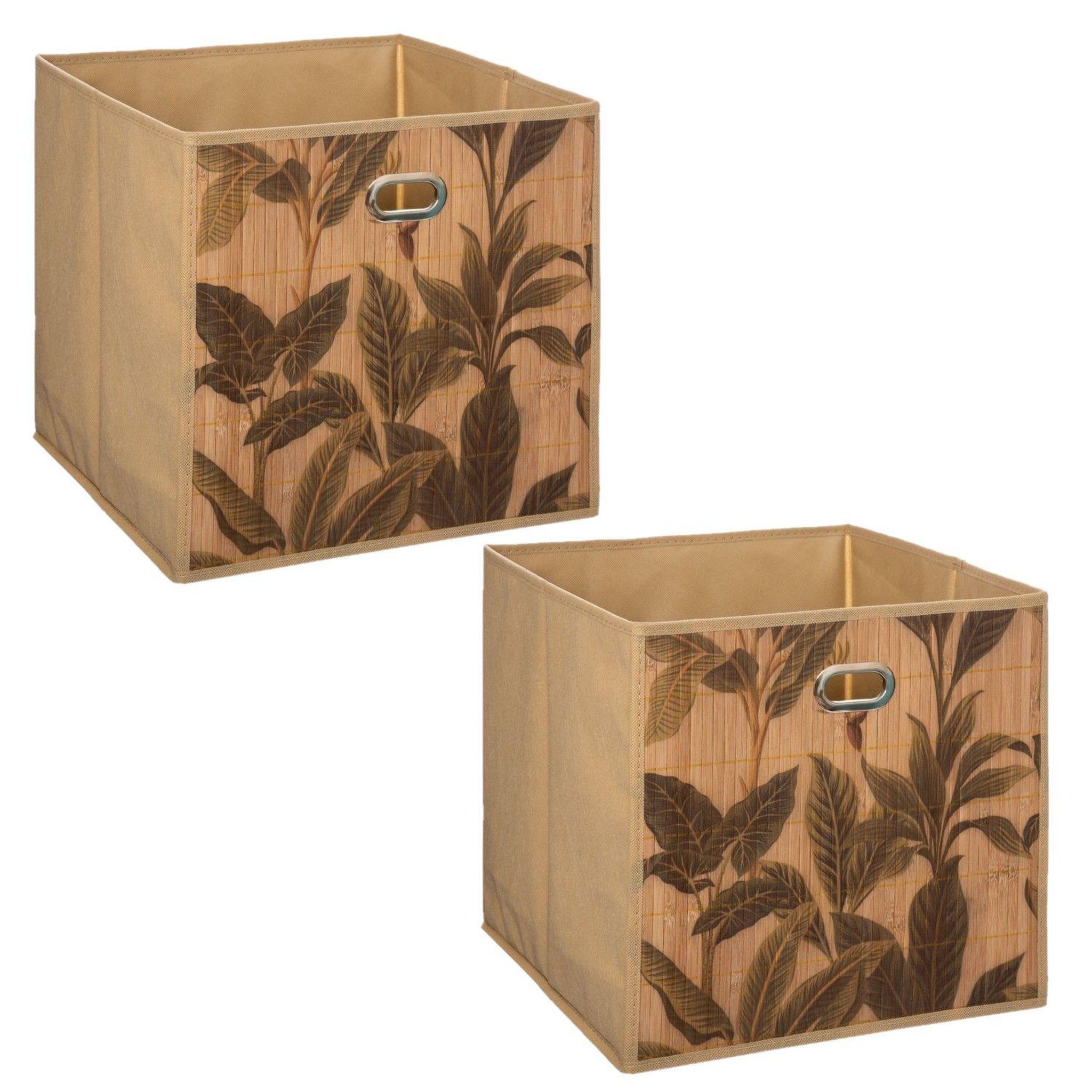 TOILINUX Lot de 2 boîtes de rangement imprimé tropical en bambou et tissu - l.31 x l.31 x h.31 cm - marron